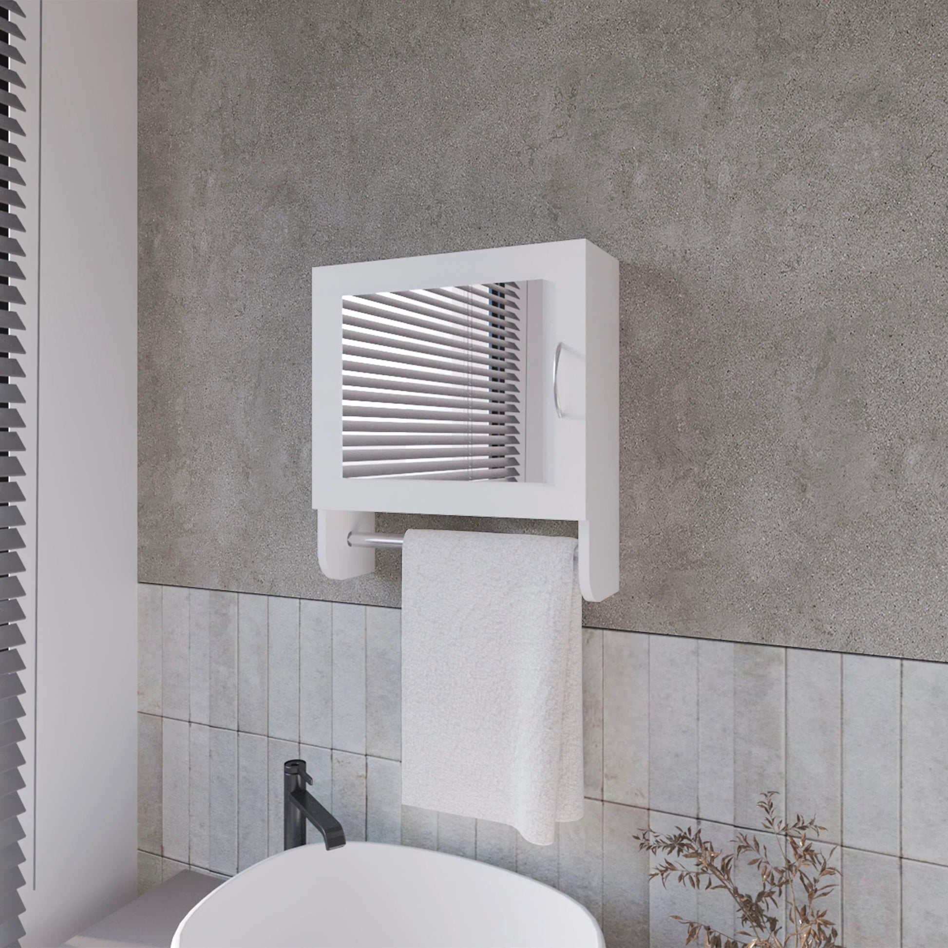 White medicine cabinet with mirrored door and towel bar