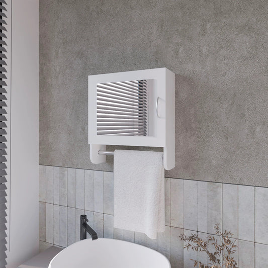 White medicine cabinet with mirrored door and towel bar