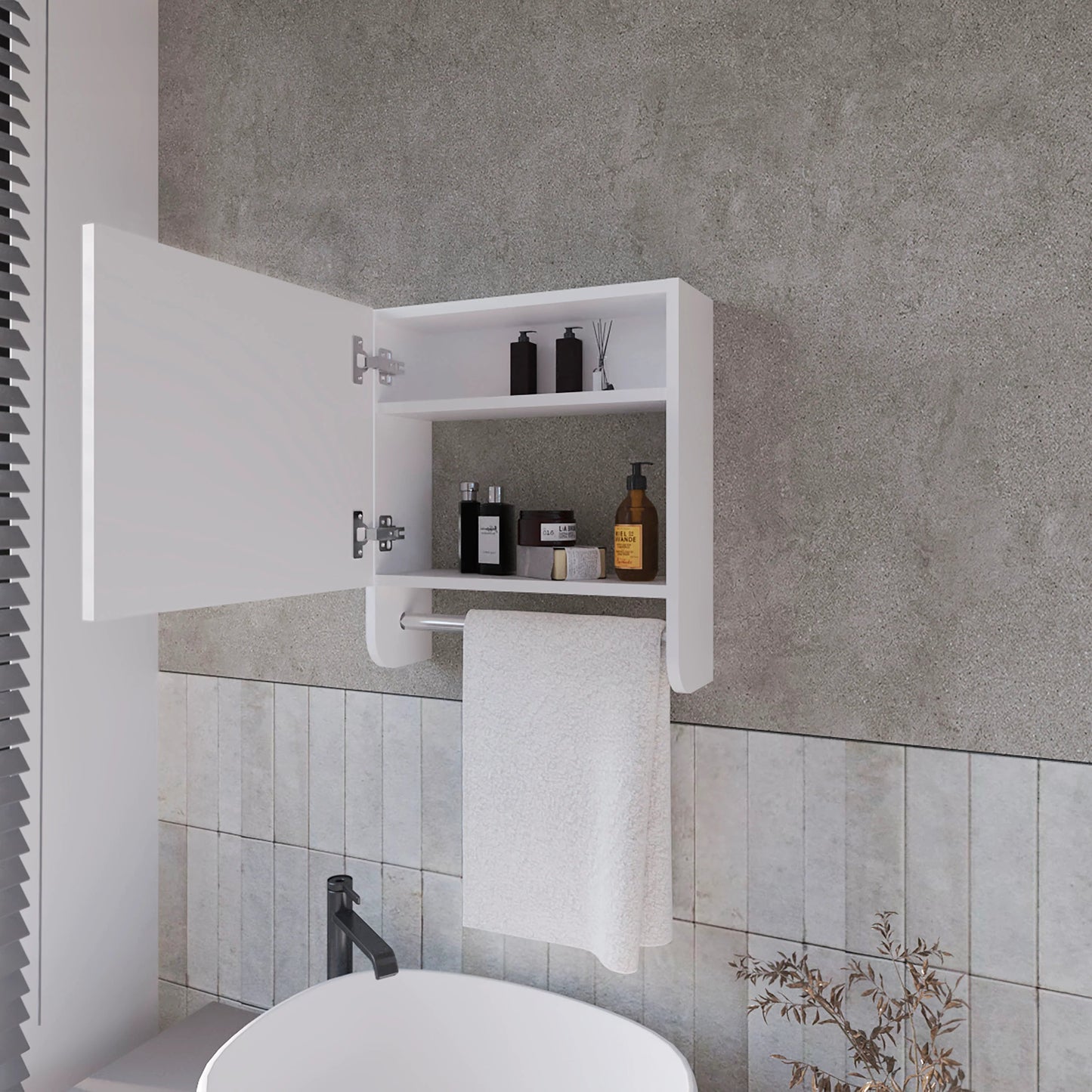 White medicine cabinet with open door displaying toiletries