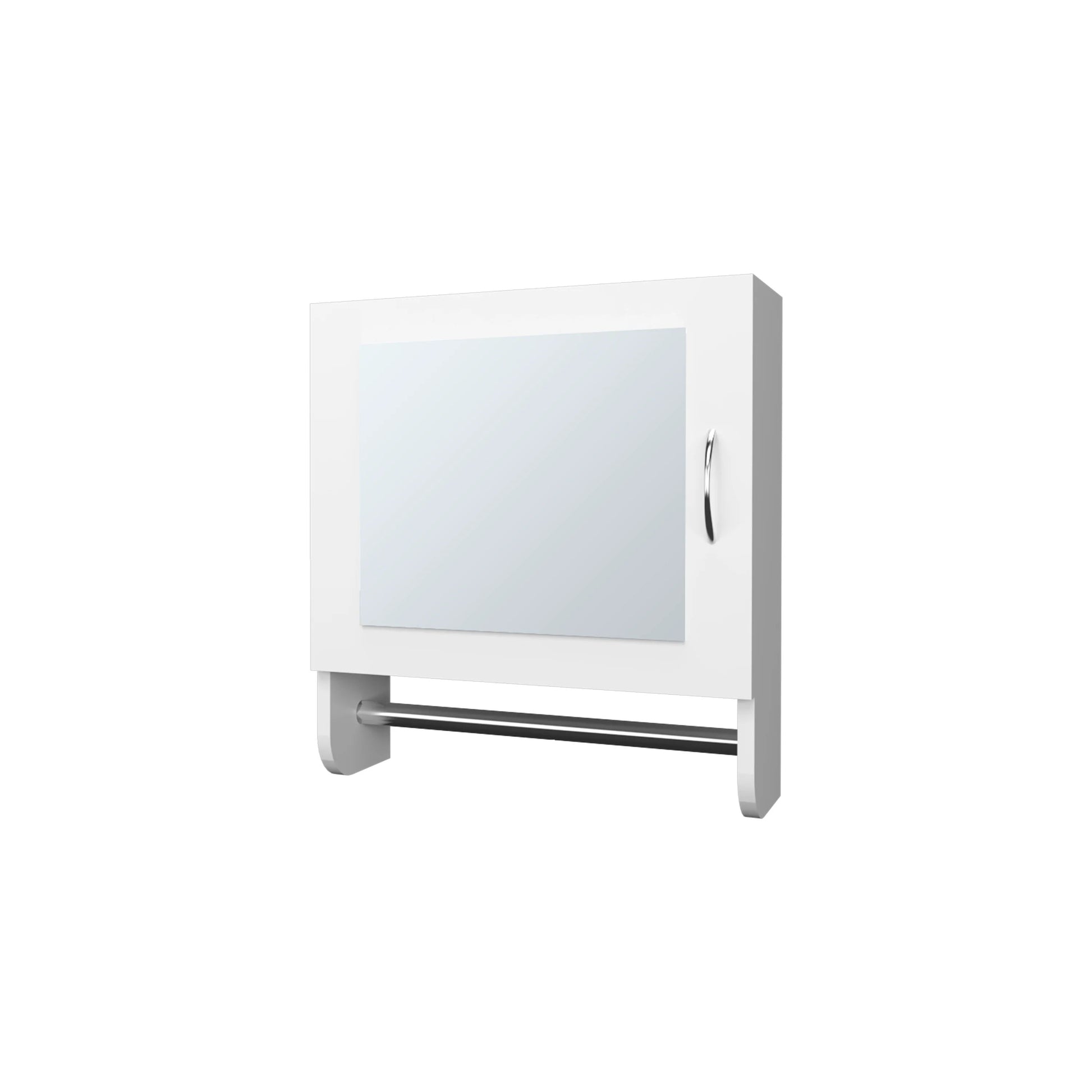 White medicine cabinet with mirrored door and towel bar