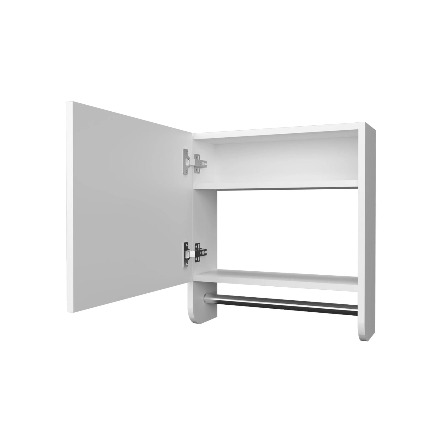 White bathroom wall cabinet with open door and towel bar