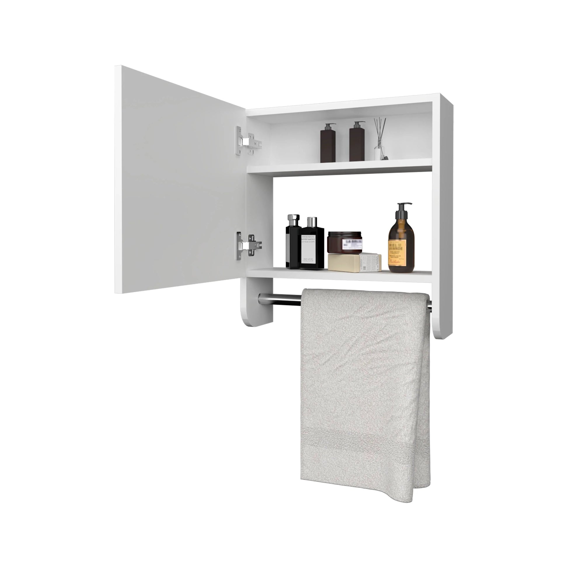 White modern bathroom medicine cabinet with open door and towel bar
