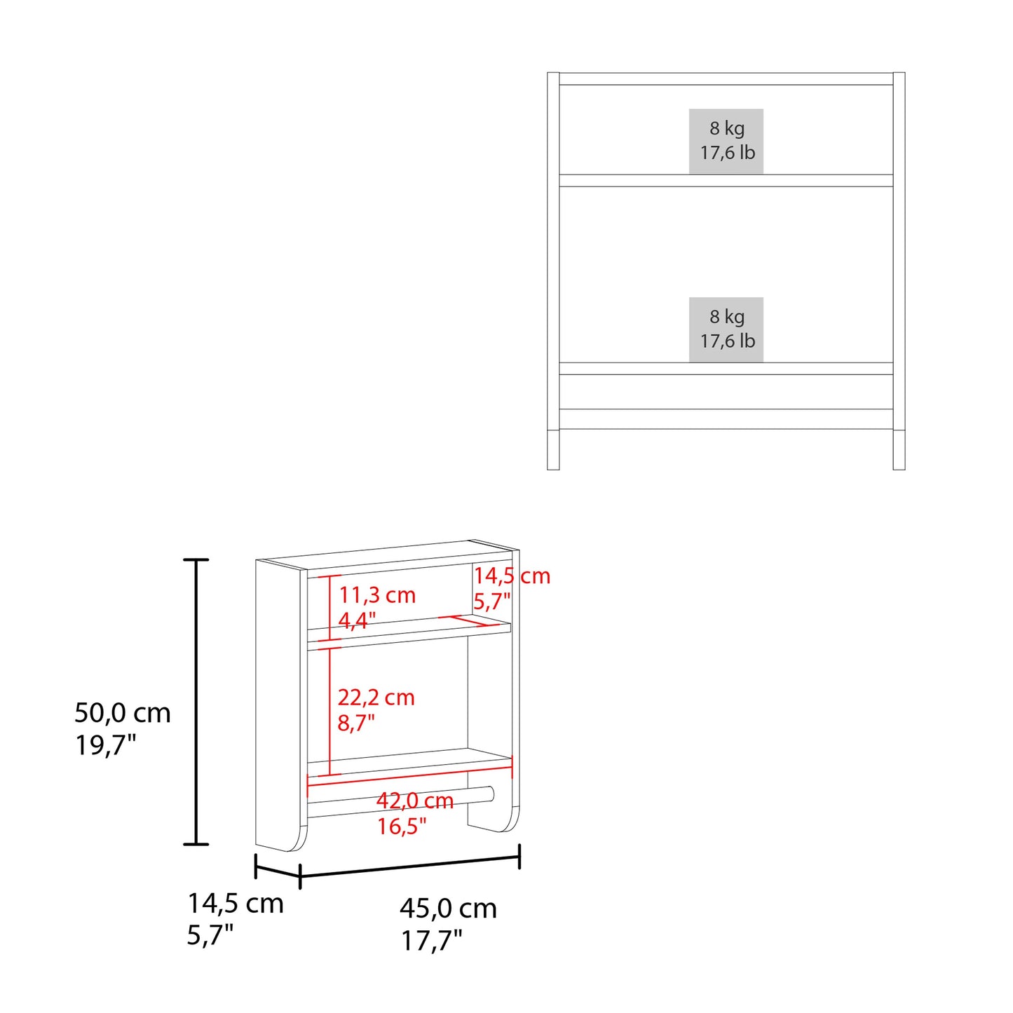 Product dimensions for a white twoshelf bookcase