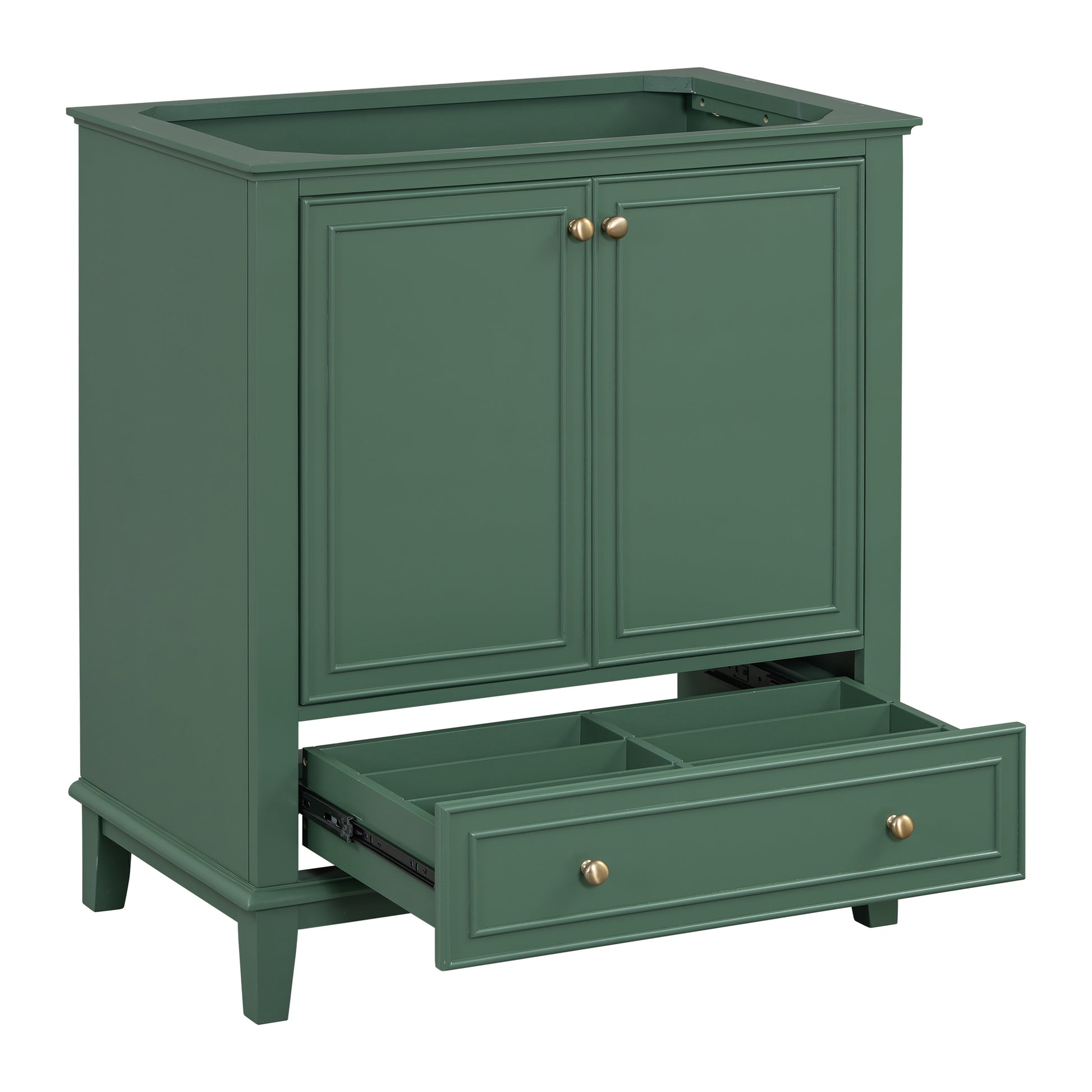 Green shaker style bathroom vanity with brass hardware