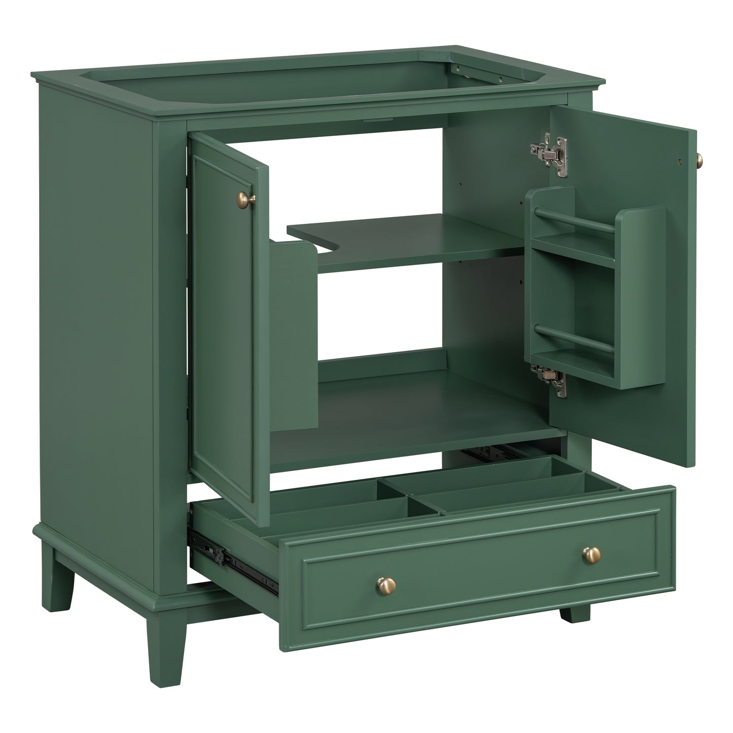 Forest green bathroom vanity with opened doors and drawer