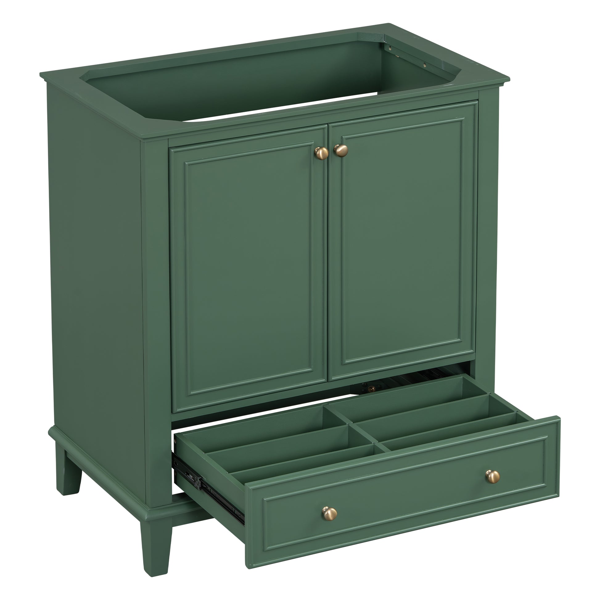 Green bathroom vanity cabinet with two doors and open drawer