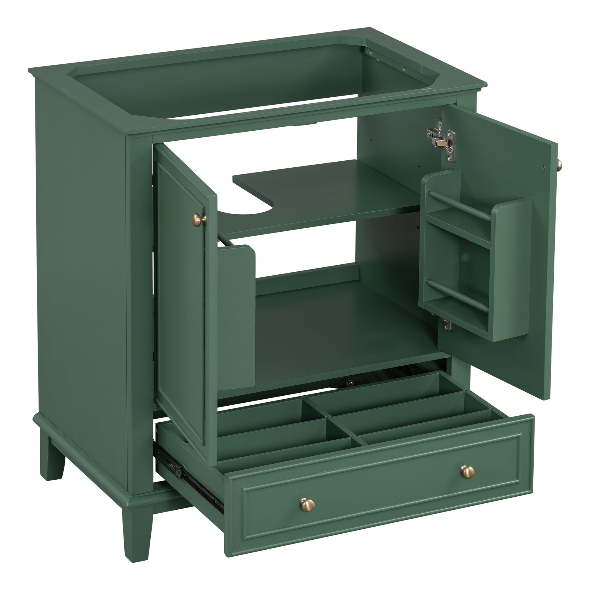 Green shakerstyle bathroom vanity cabinet with open doors and drawers