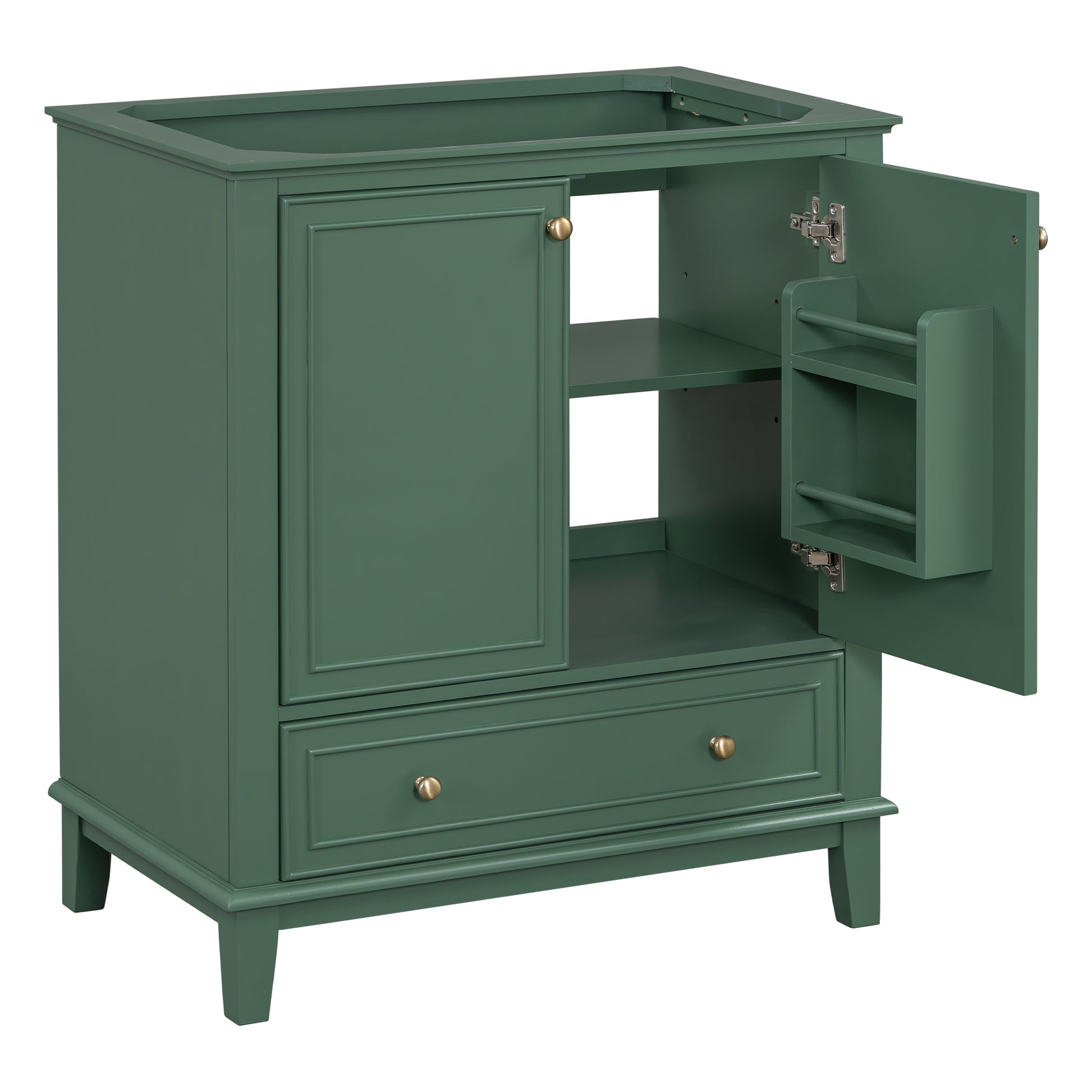 Green vanity cabinet with two drawers and one open door showing shelves