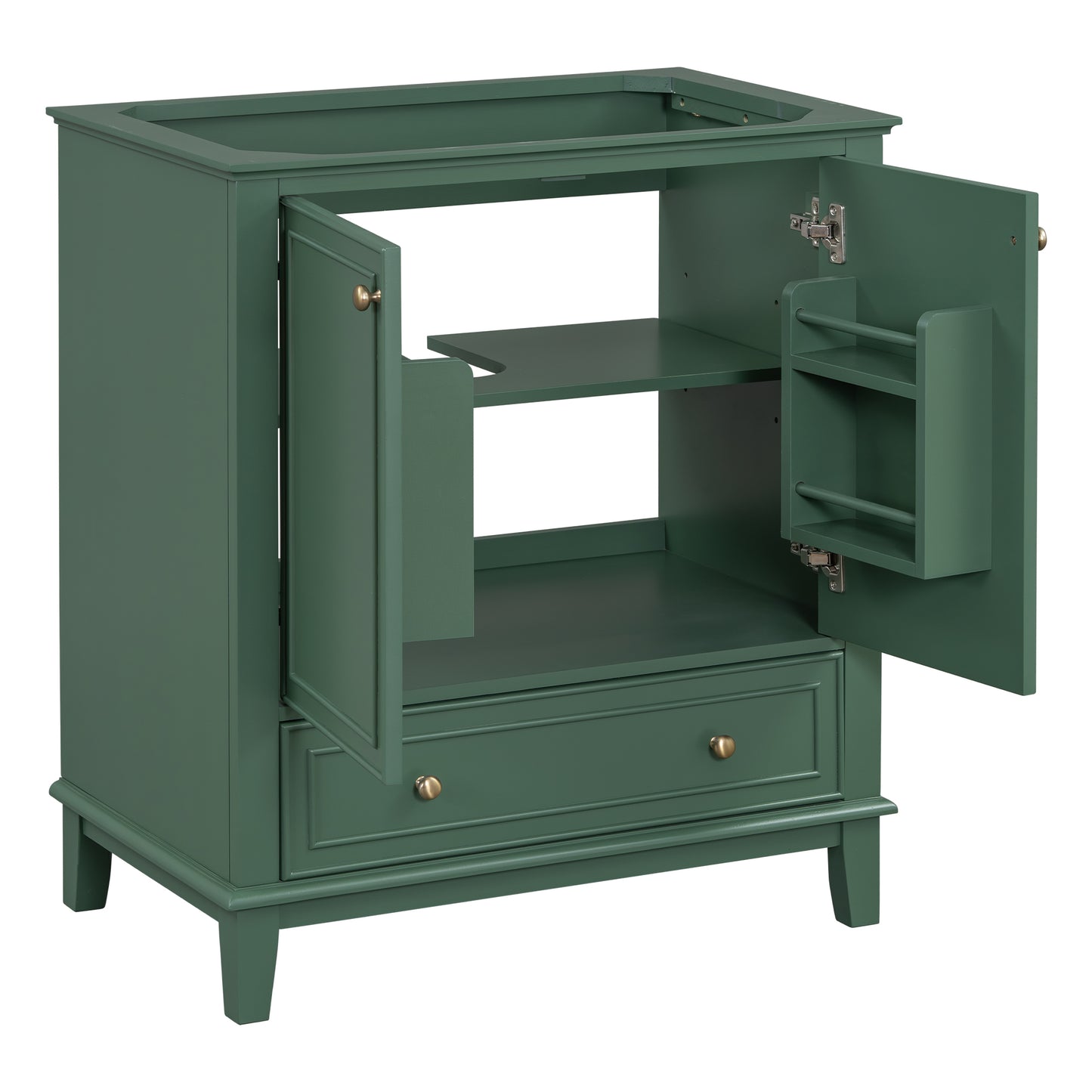 Green bathroom vanity with drawer and open cabinets