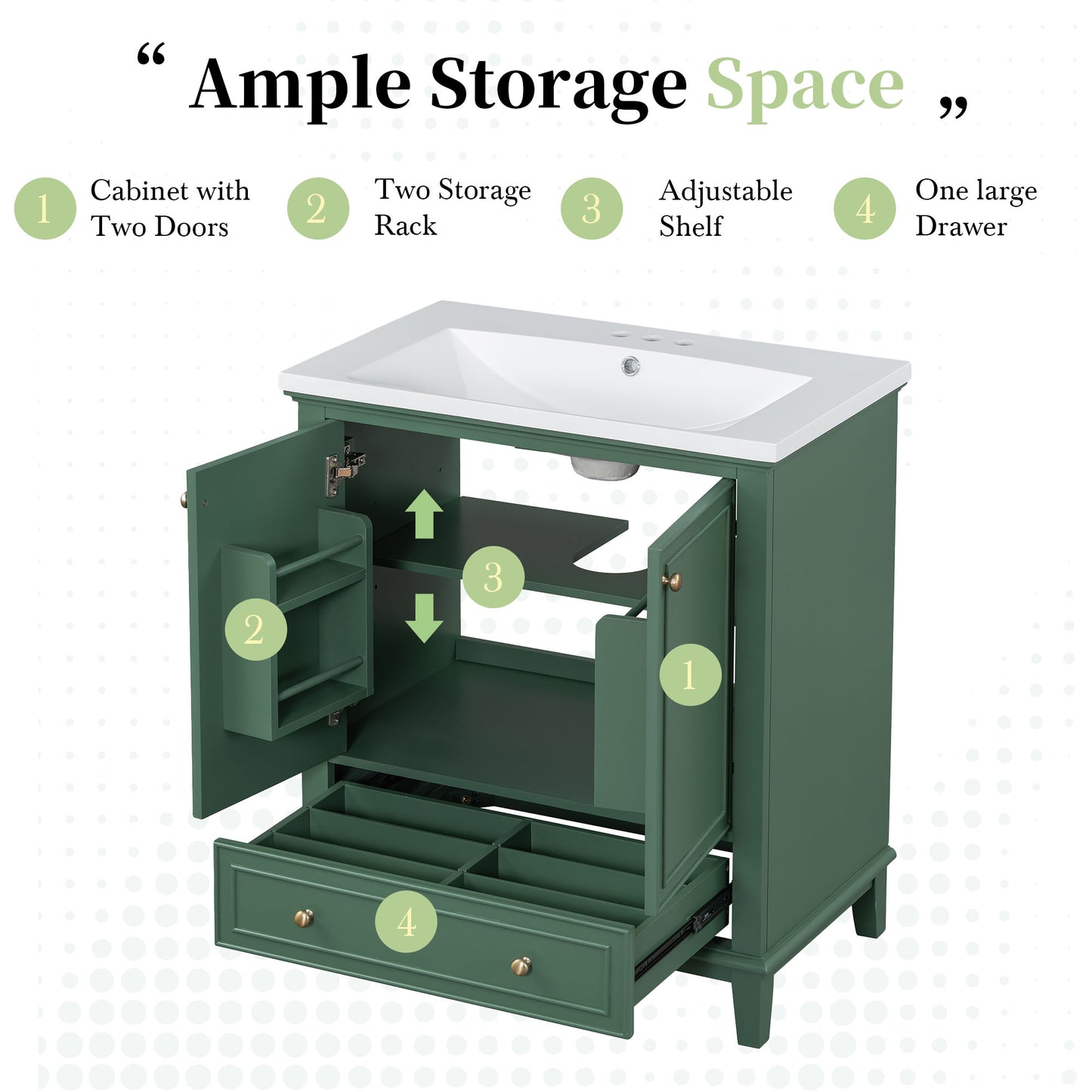 Green bathroom vanity with two doors revealing ample storage and one drawer