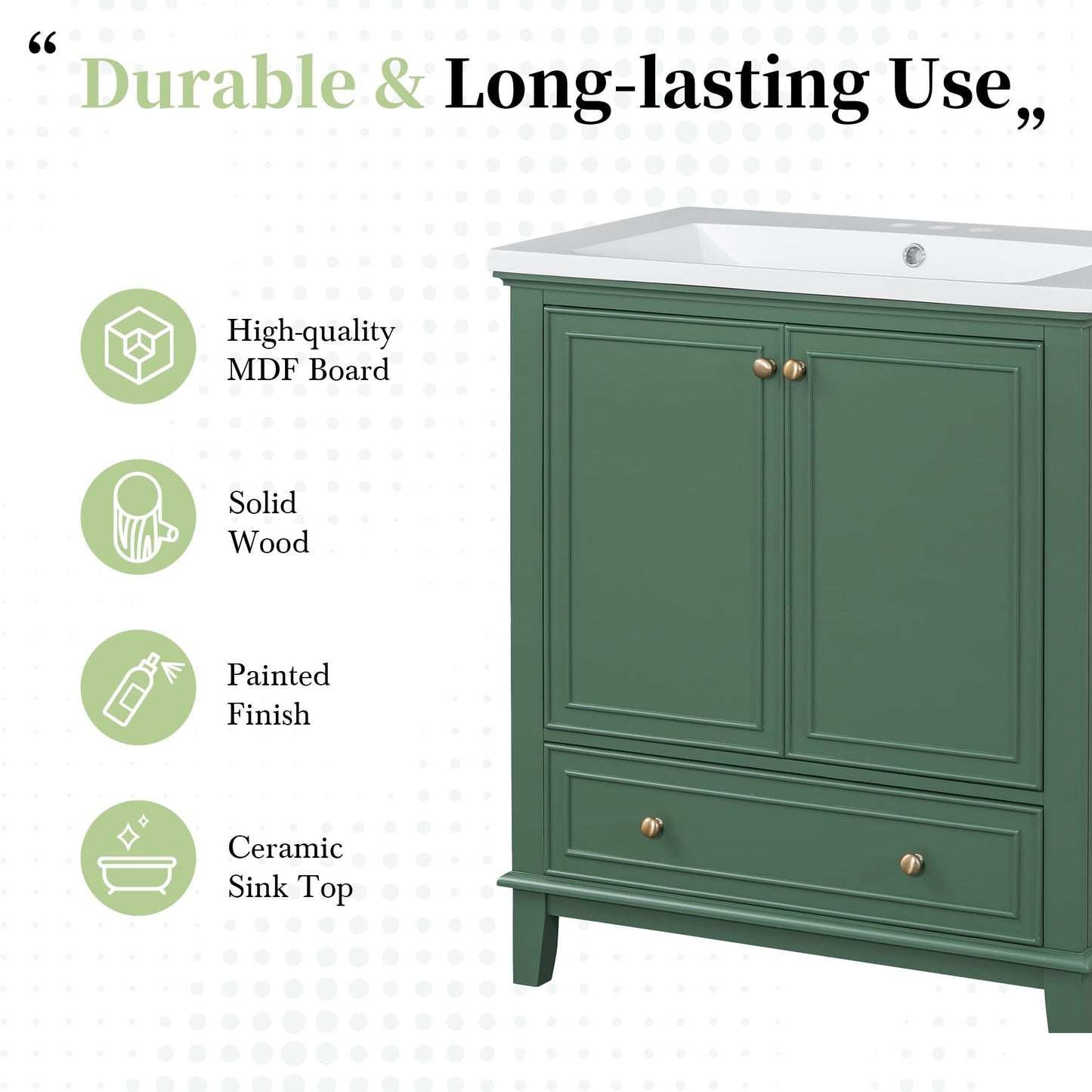Green vanity cabinet with ceramic sink top