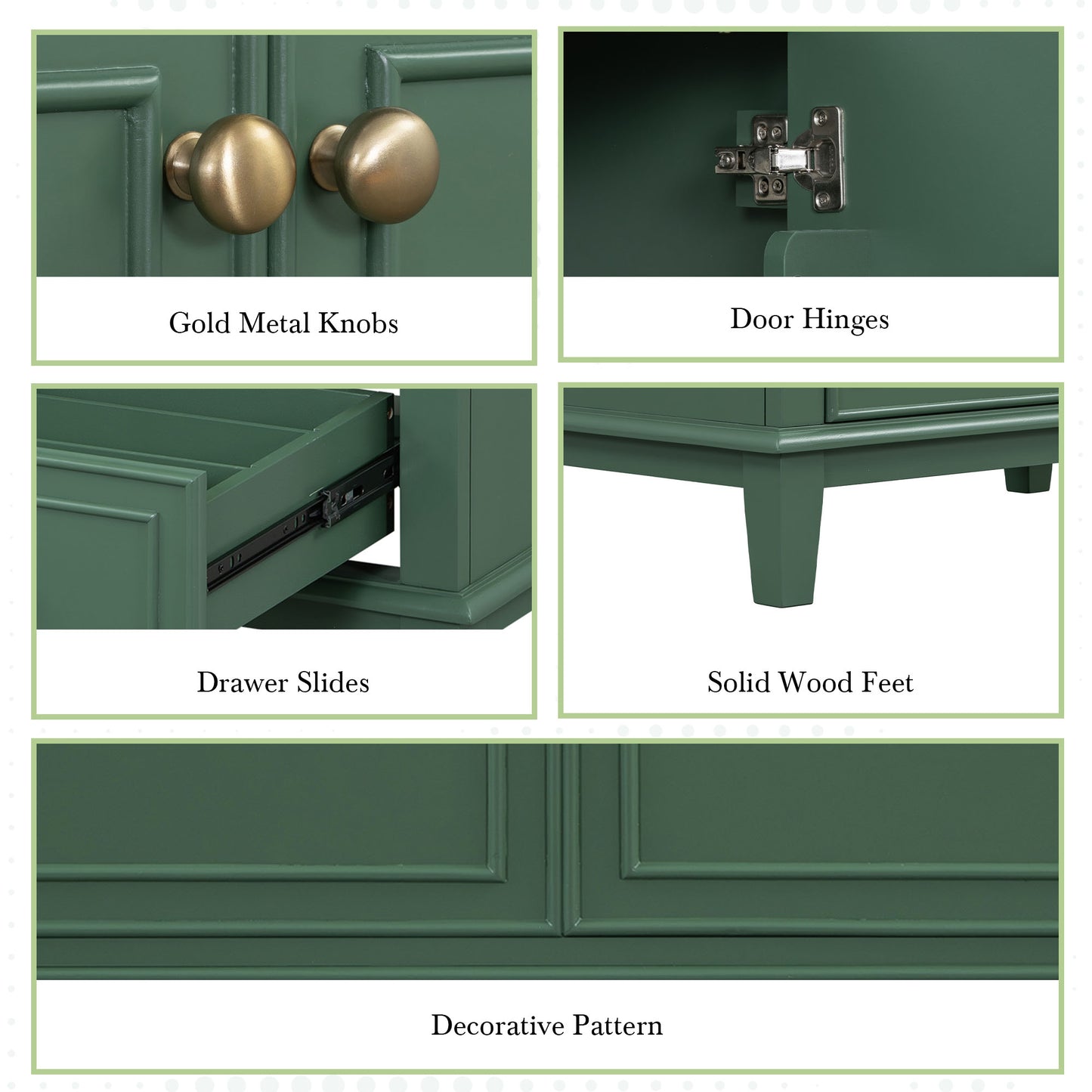 Elegant green cabinet with two brushed gold metal knobs