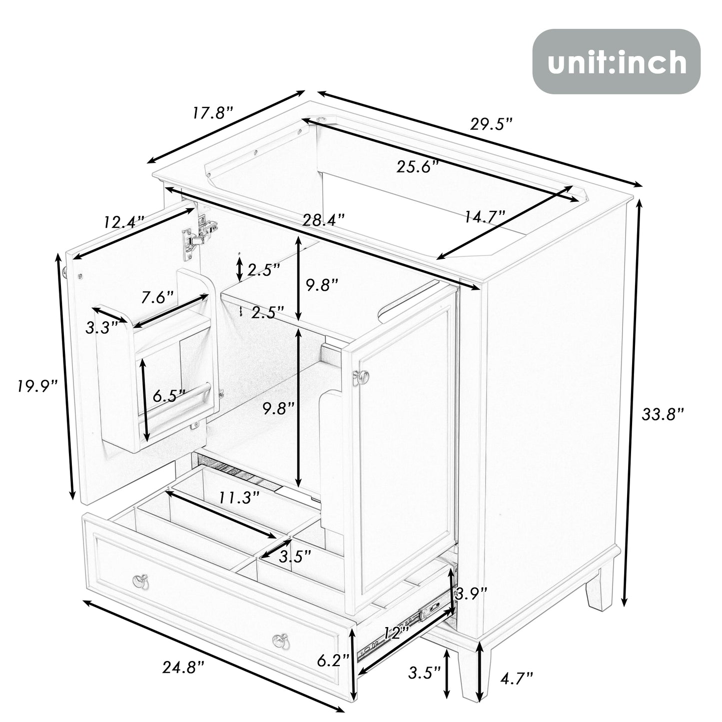 Bathroom vanity dimensions  W x  D x  H with multiple drawers