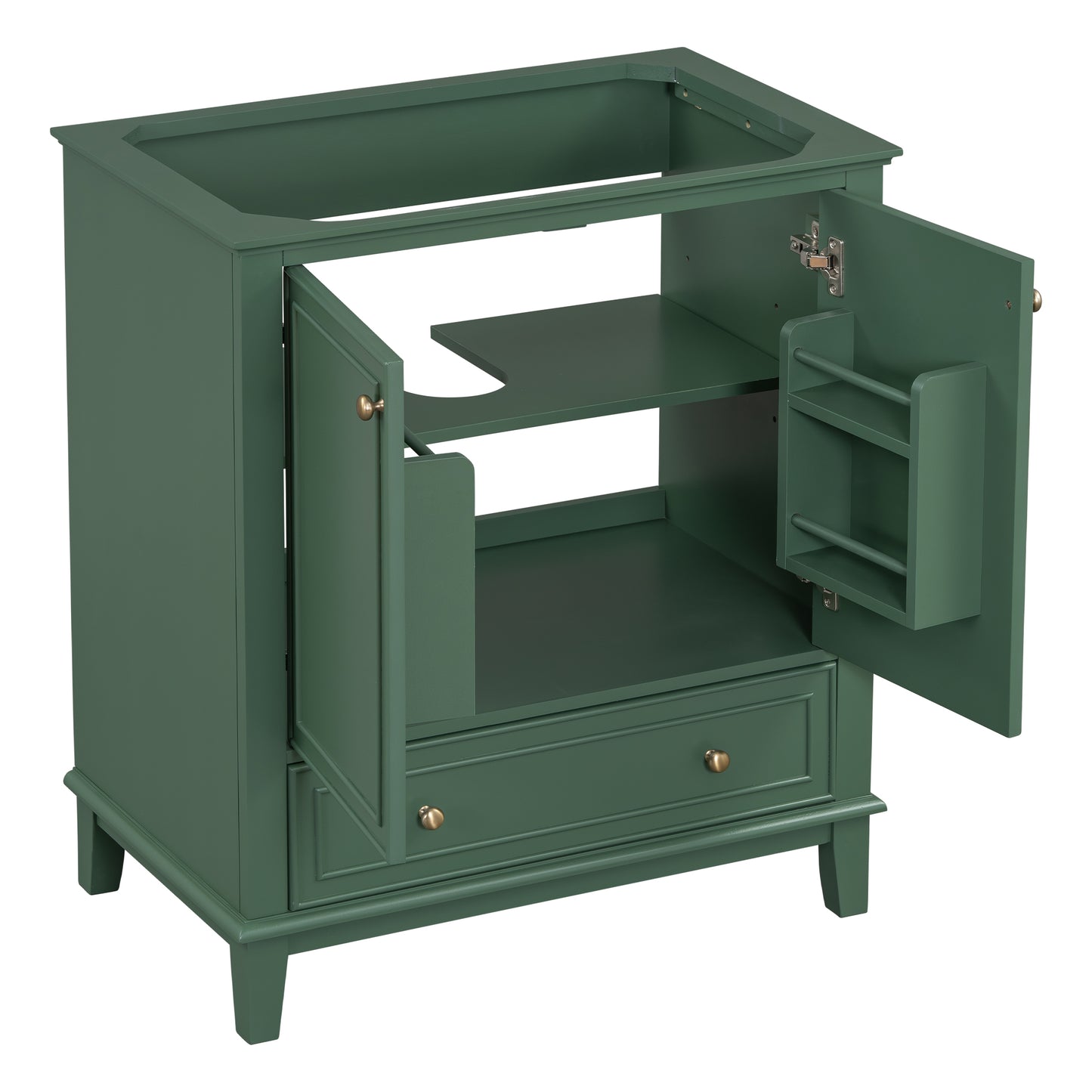 Green bathroom vanity cabinet with two doors and one drawer