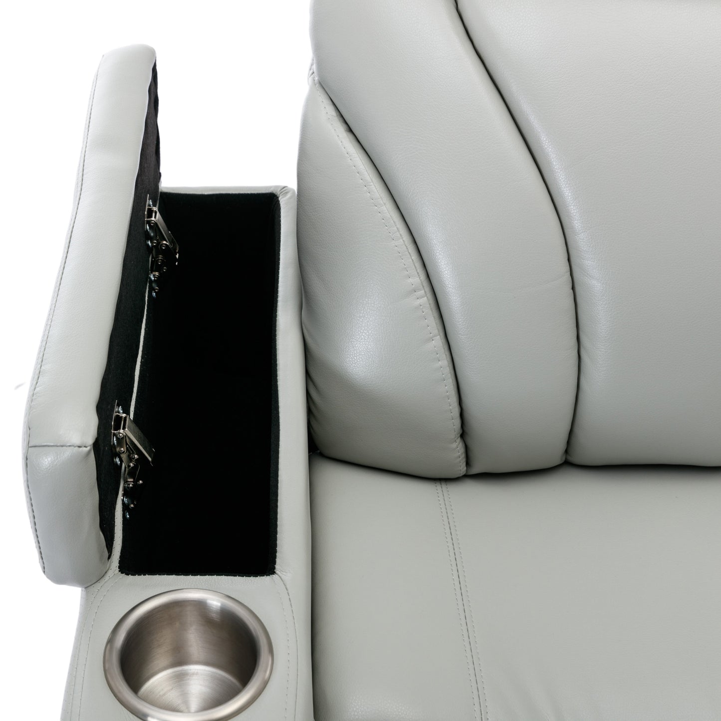 Gray leather recliner armrest with builtin storage compartment and cup holder