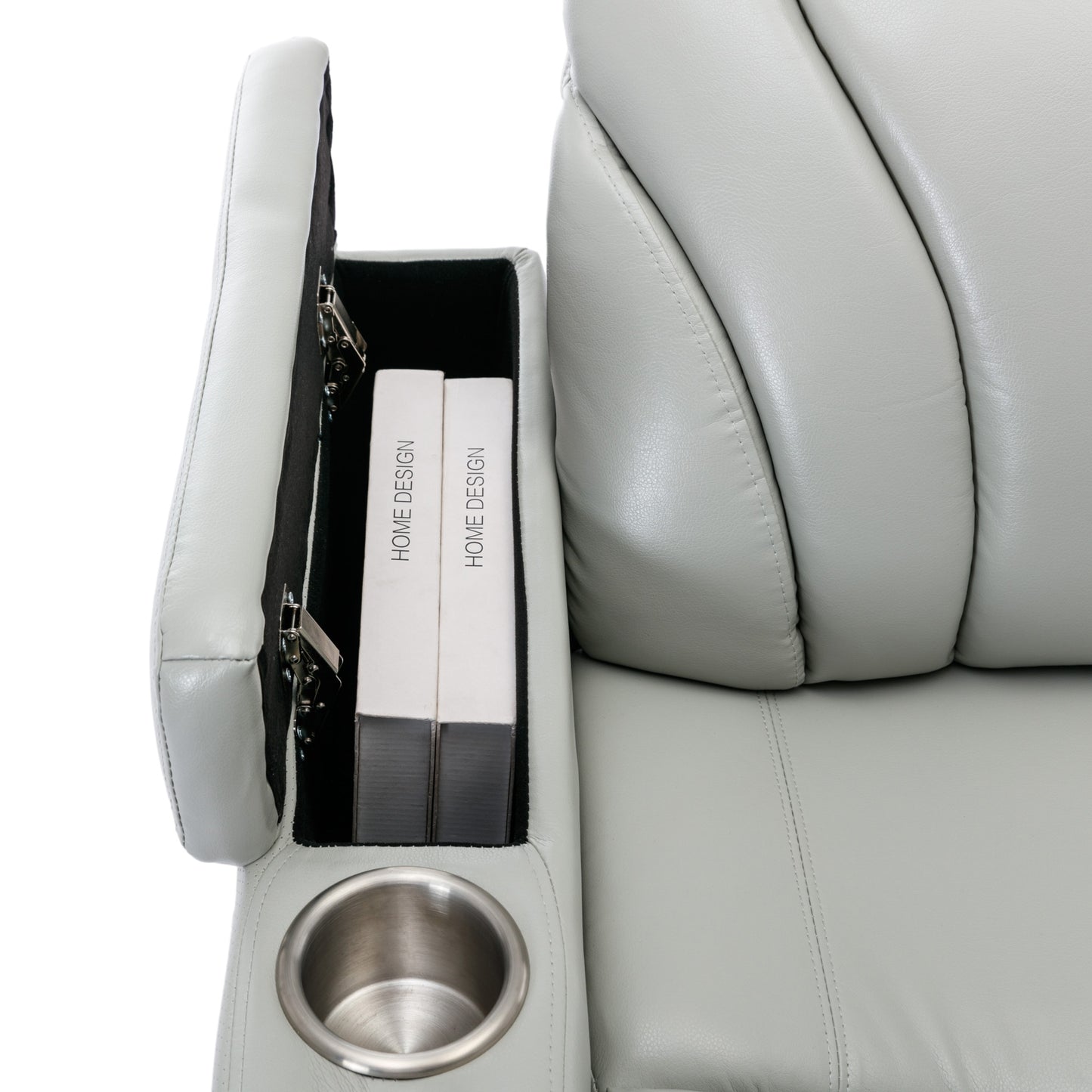 Light gray leather recliner armrest with hidden storage and cup holder