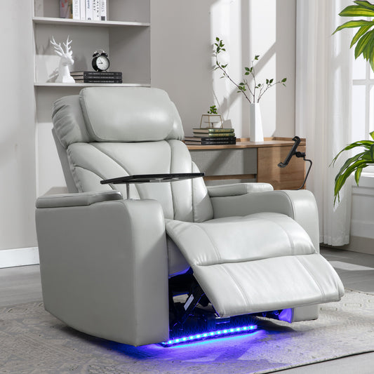 Light gray leather electric recliner with adjustable tray and LED base