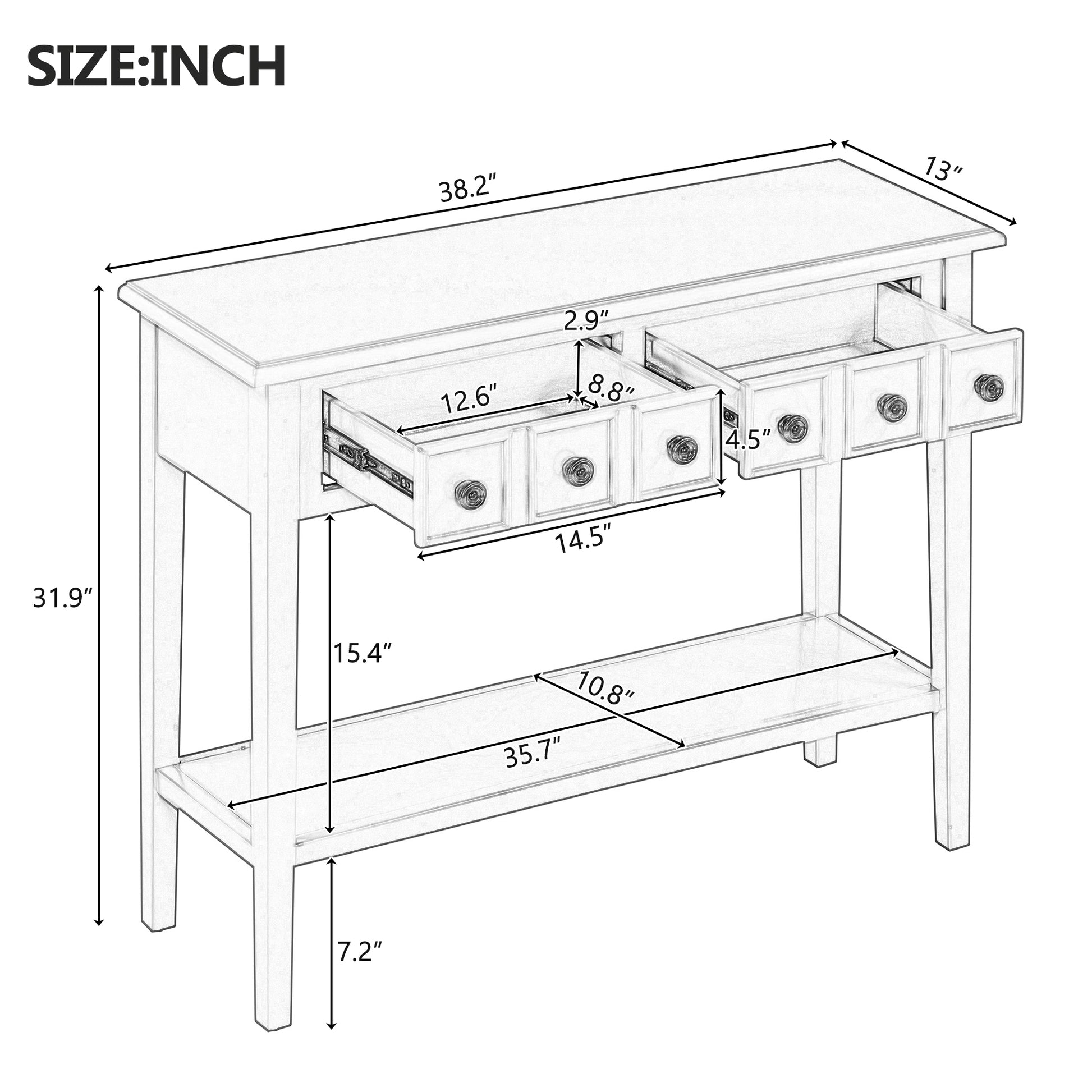 Console table with four drawers and bottom shelf