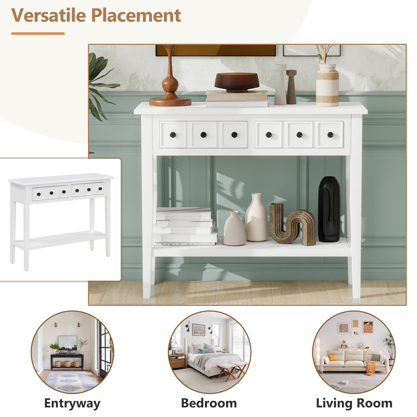 White wooden console table with five drawers and an open shelf