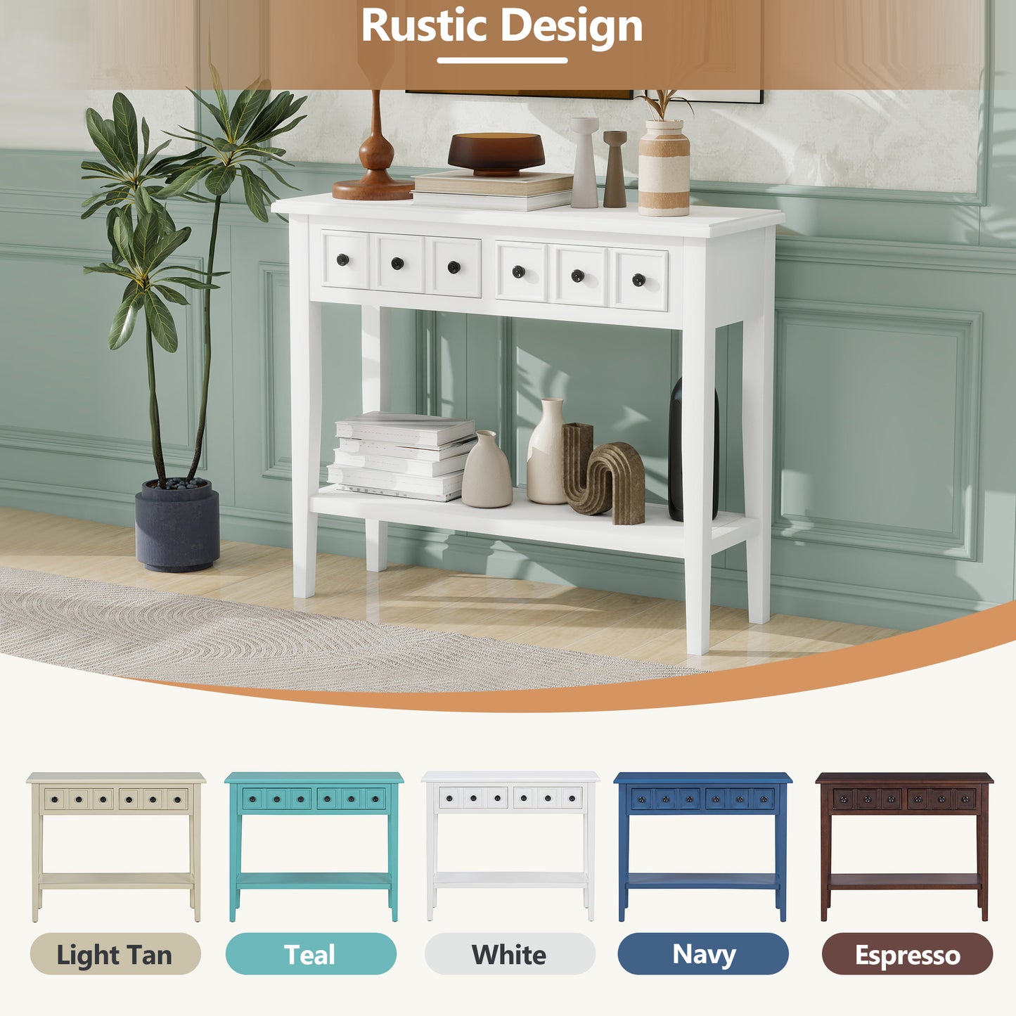 White console table with five drawers and a lower shelf
