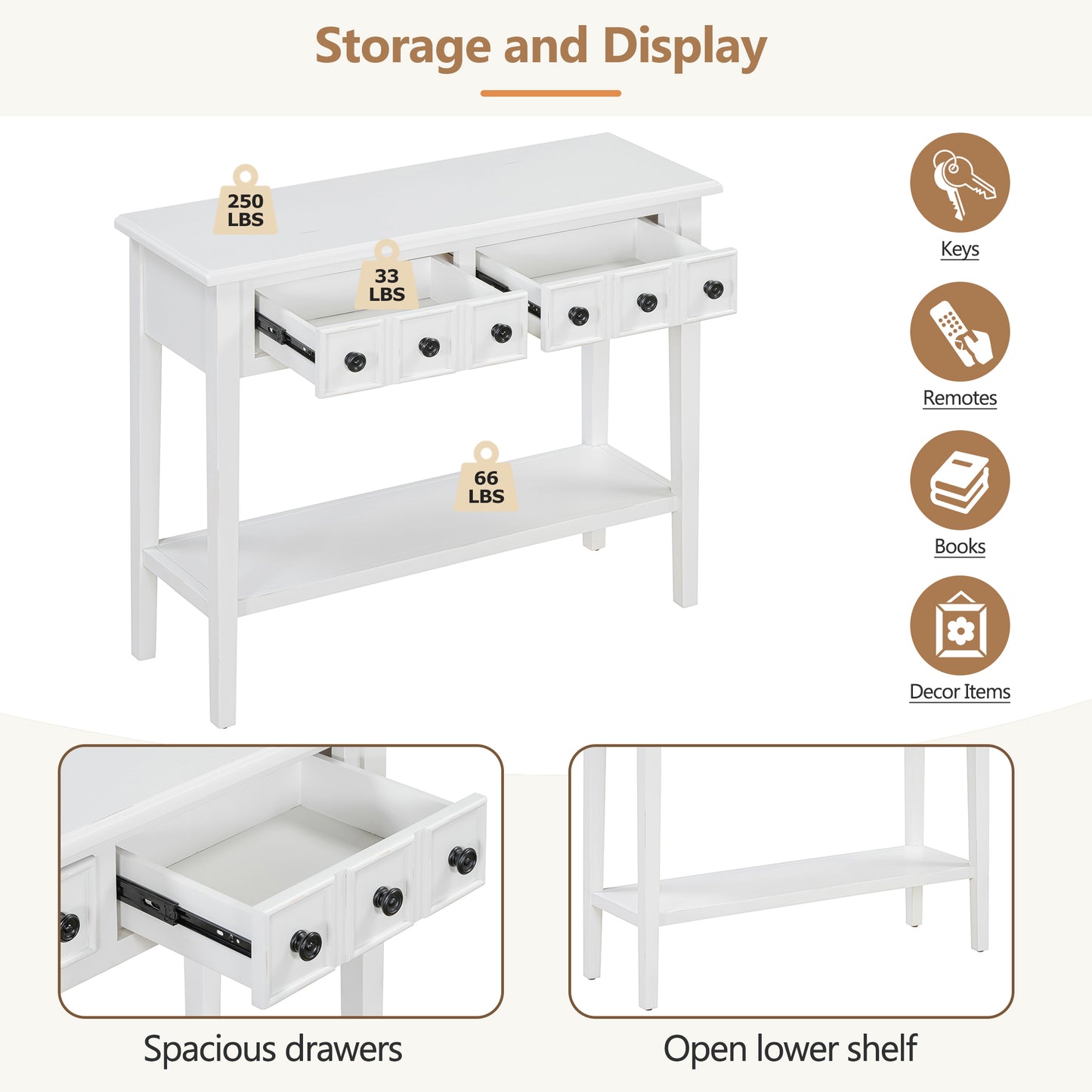 White console table with three drawers and an open lower shelf