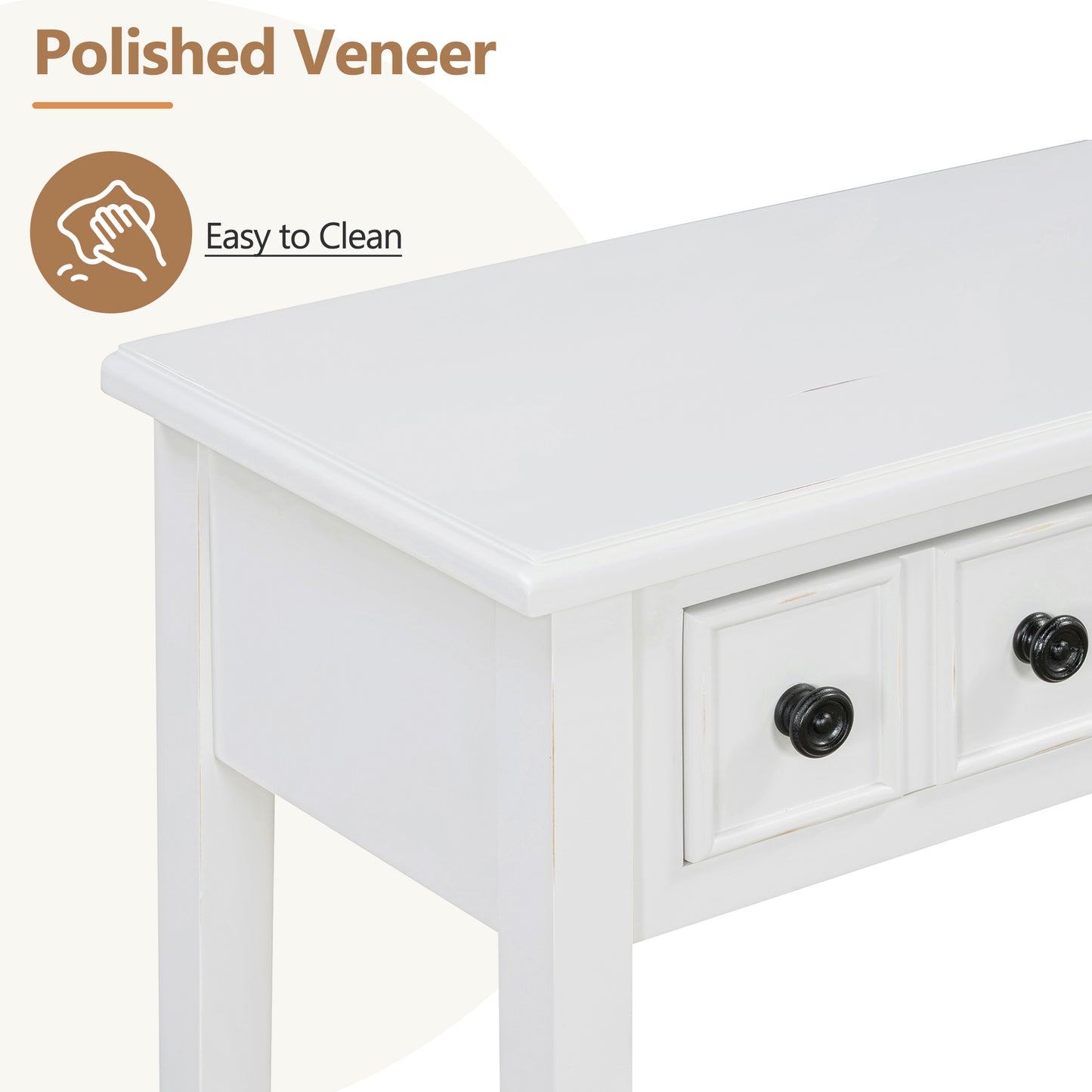 White wood console table with distressed finish and black knobs