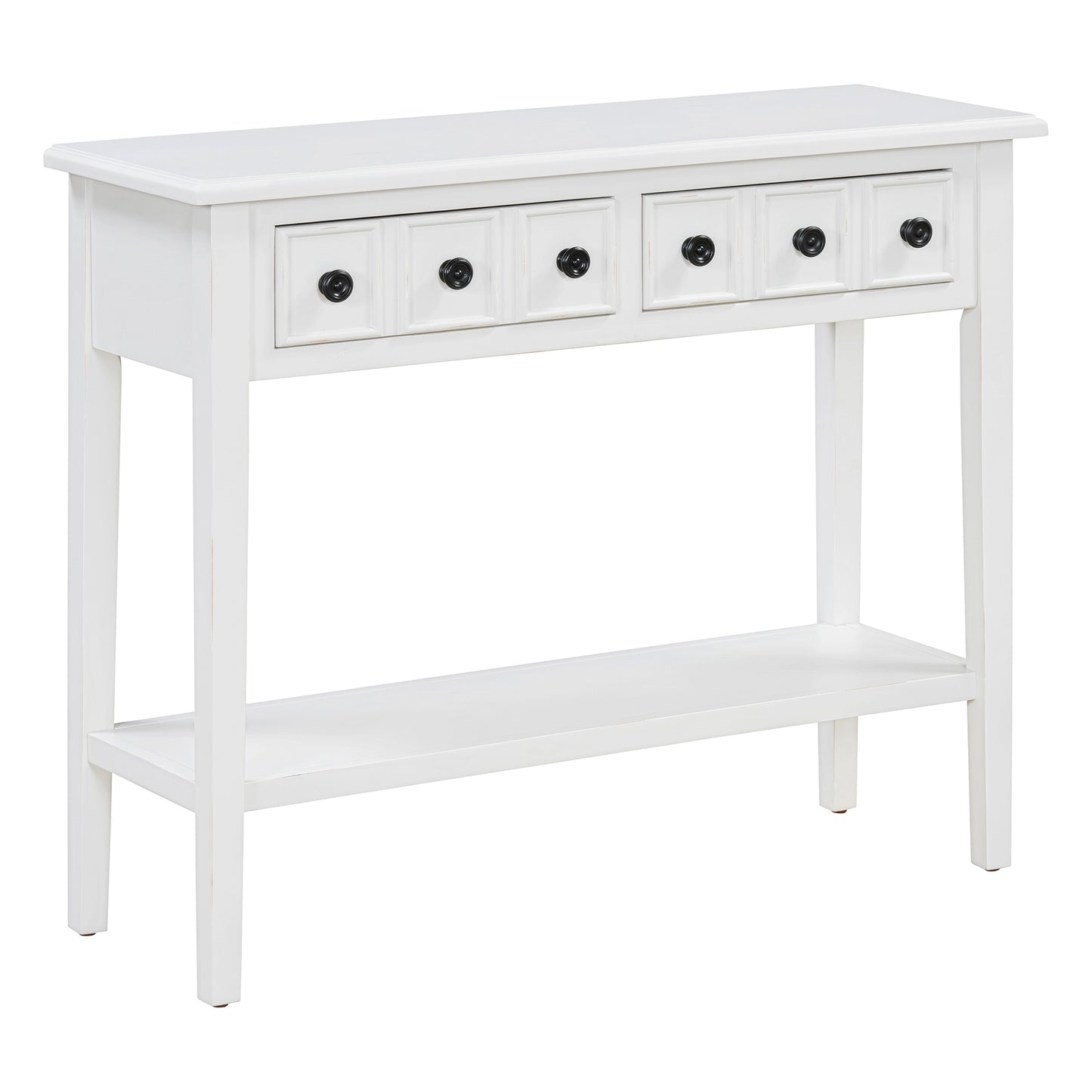 White wooden console table with five drawers and a lower shelf