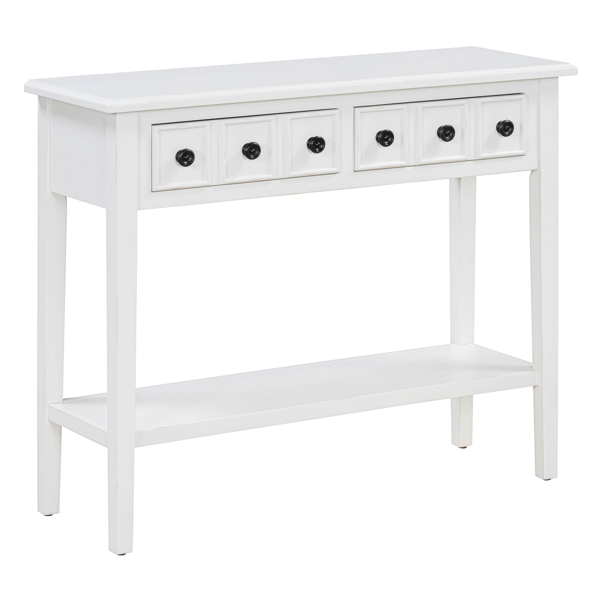 White wooden console table with five drawers and a lower shelf