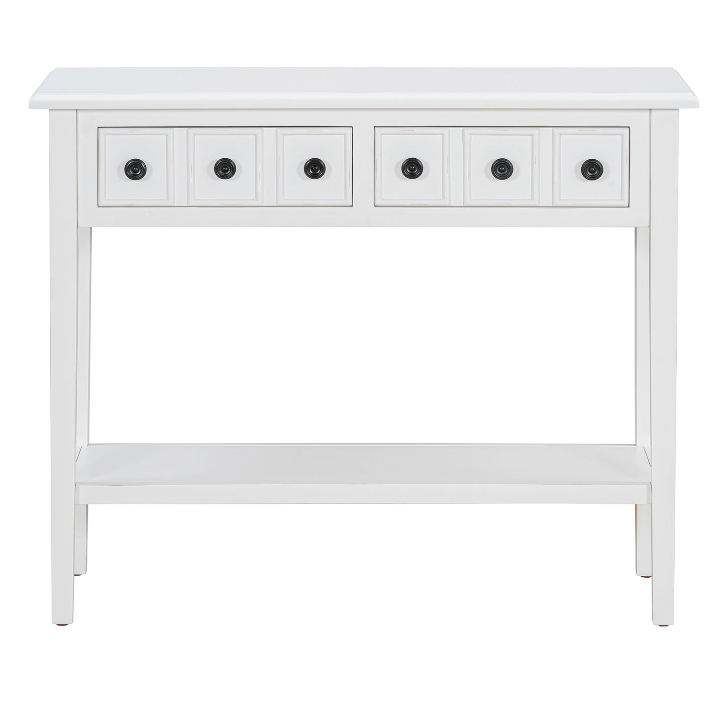 White wood console table with five drawers and bottom shelf