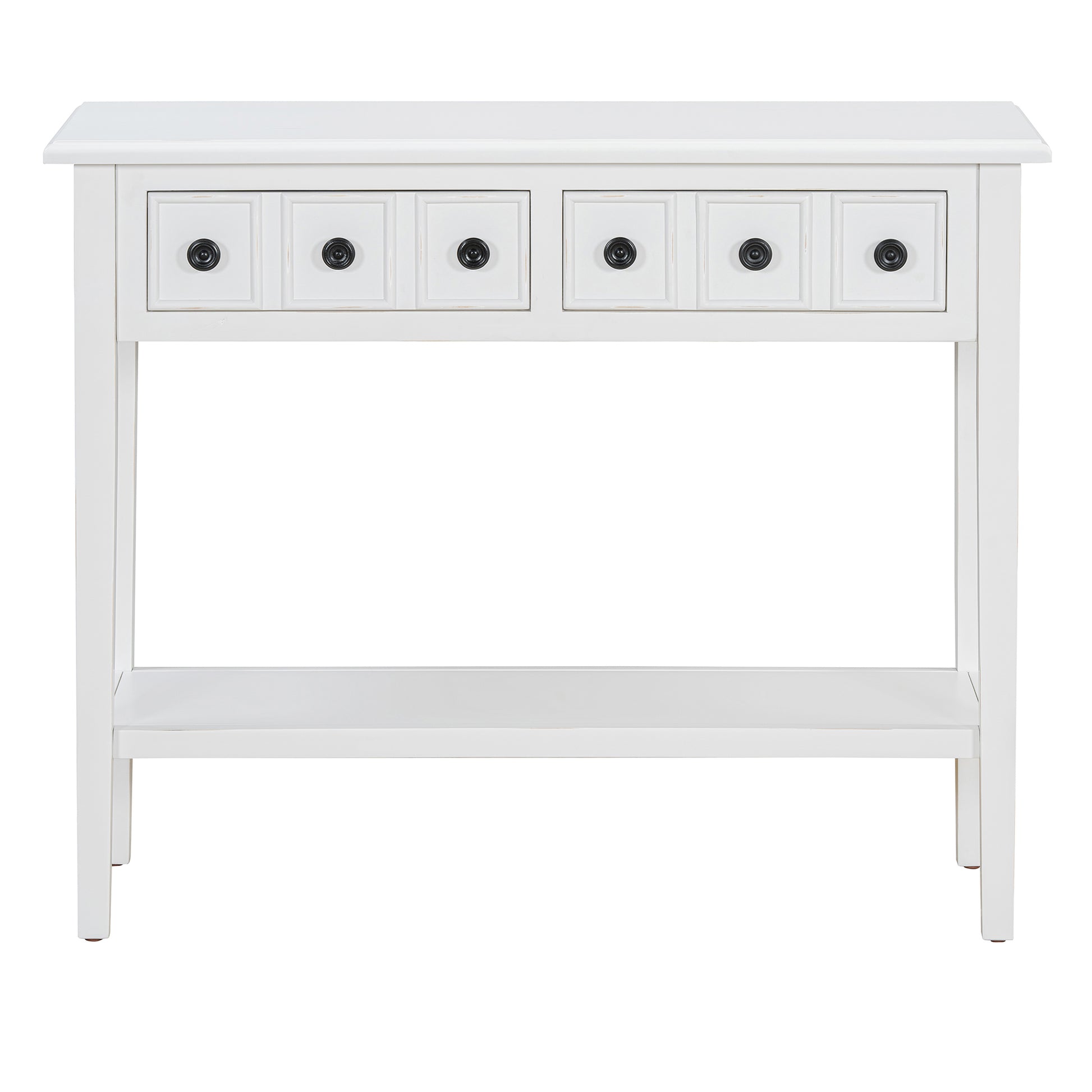 White wood console table with five drawers and bottom shelf