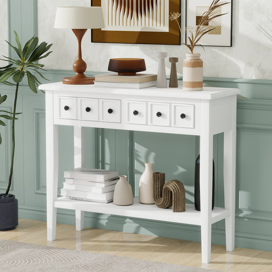 White console table with four drawers and a lower shelf