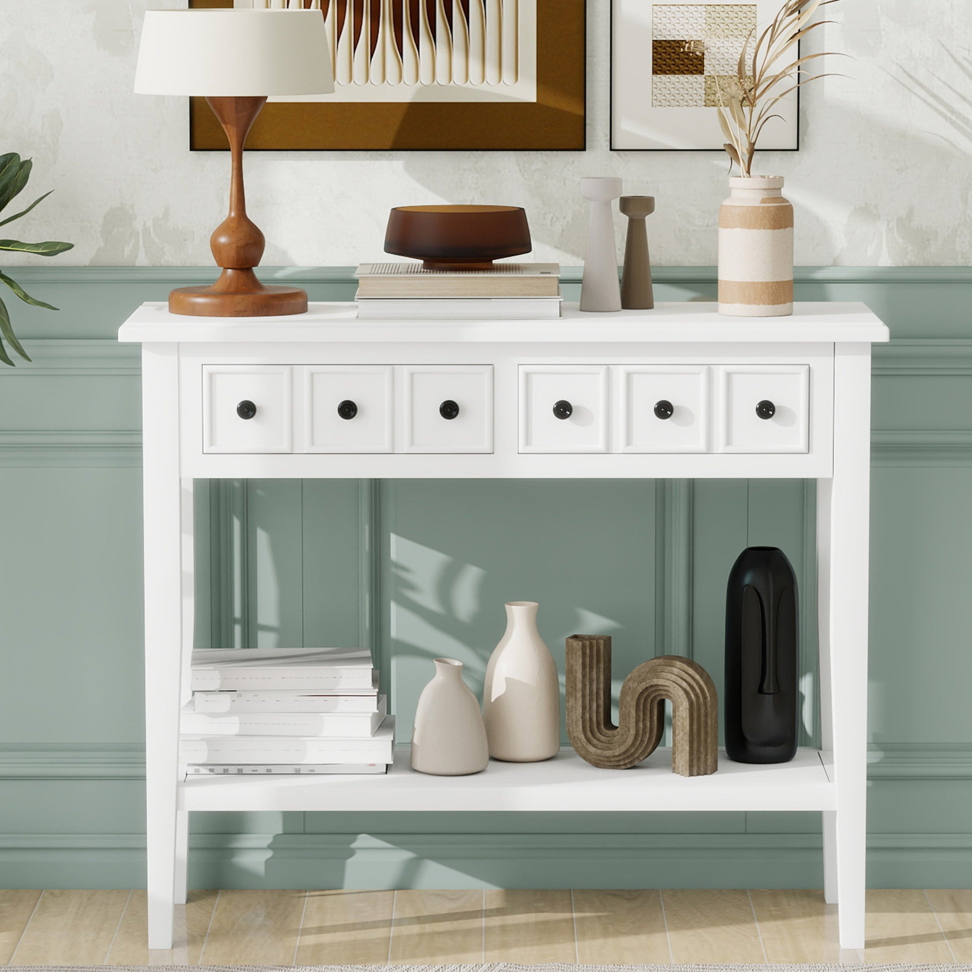 Elegant white entryway console table with four drawers and open shelf