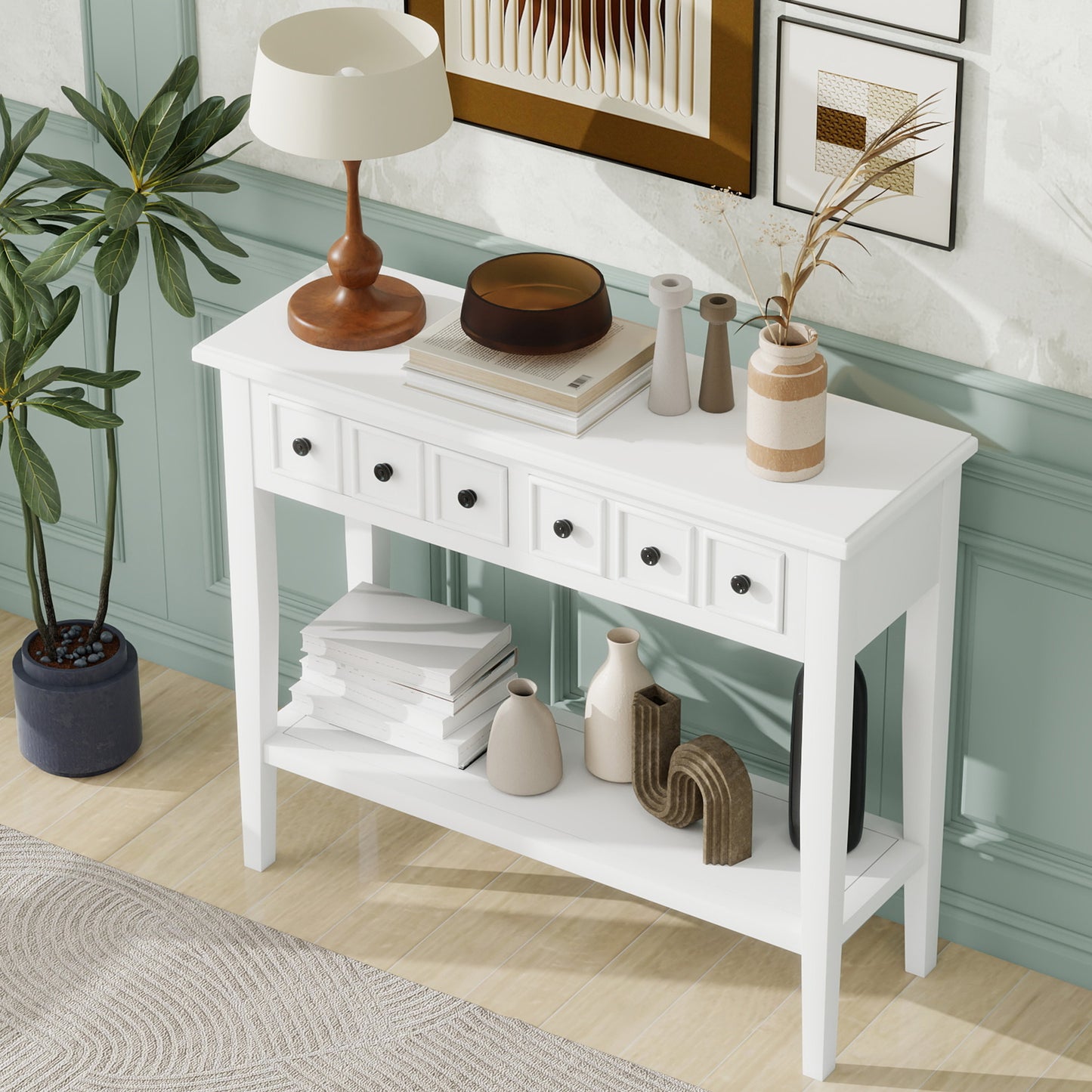 White console table with four drawers and a lower shelf