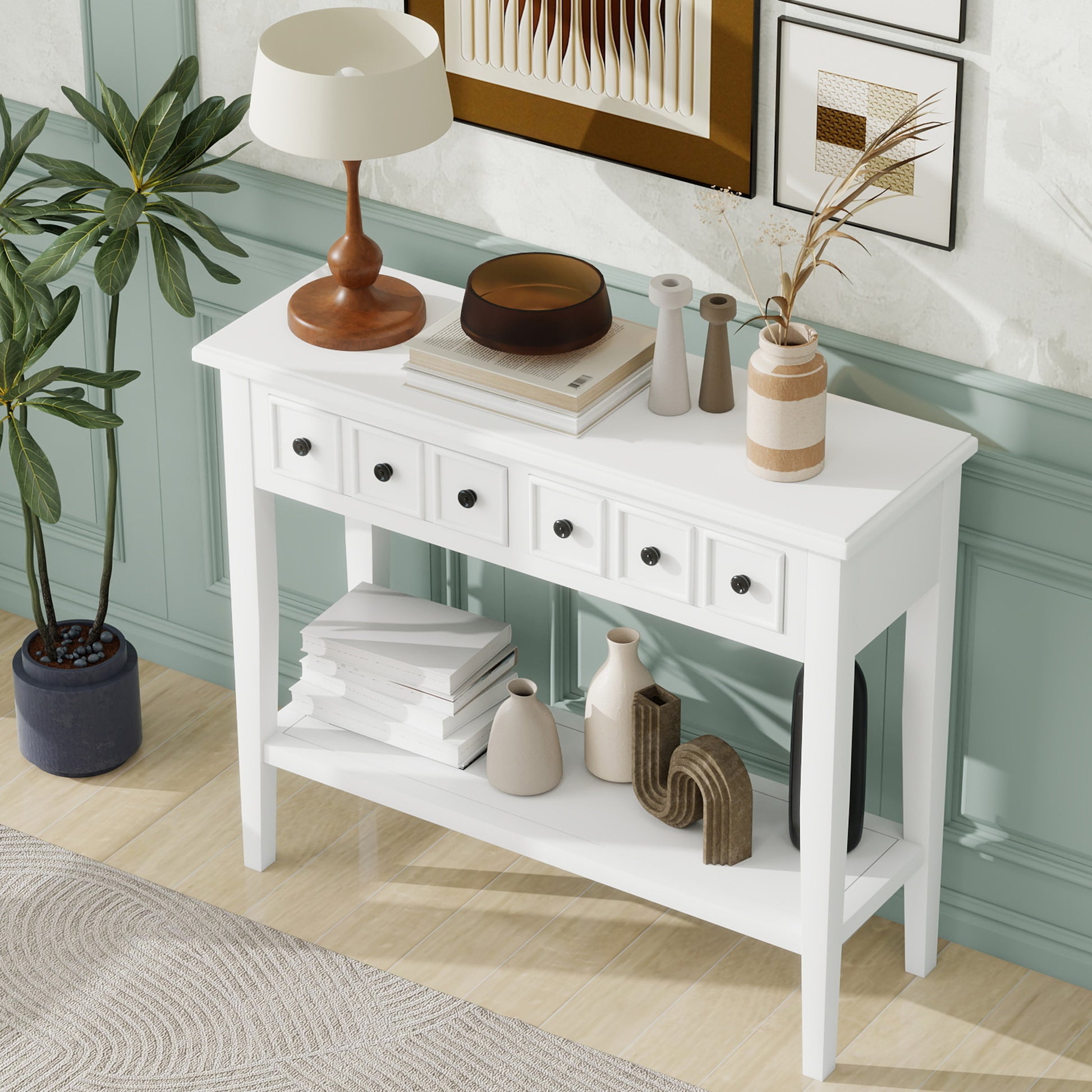 White console table with four drawers and a lower shelf
