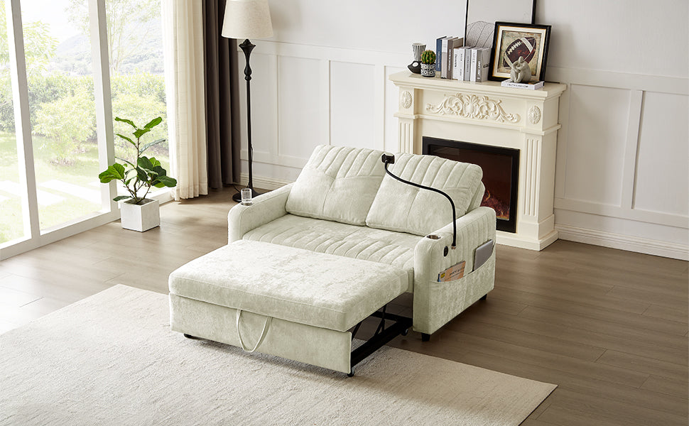 Cream sleeper sofa with plush cushions and builtin storage