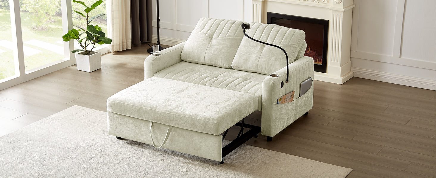 Cream upholstered sofa bed with pullout storage ottoman and side pockets