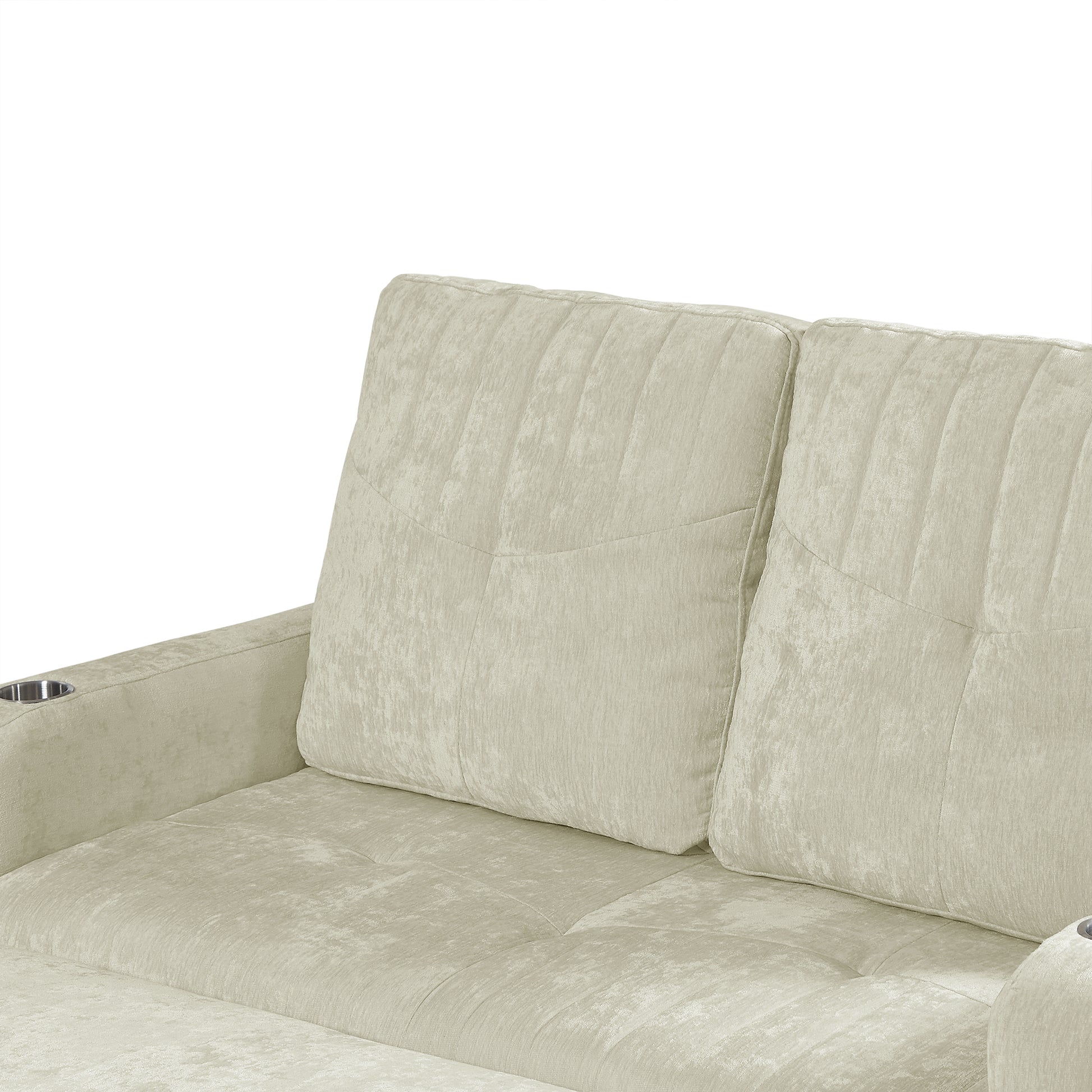 Cream velvet sofa with builtin cup holder