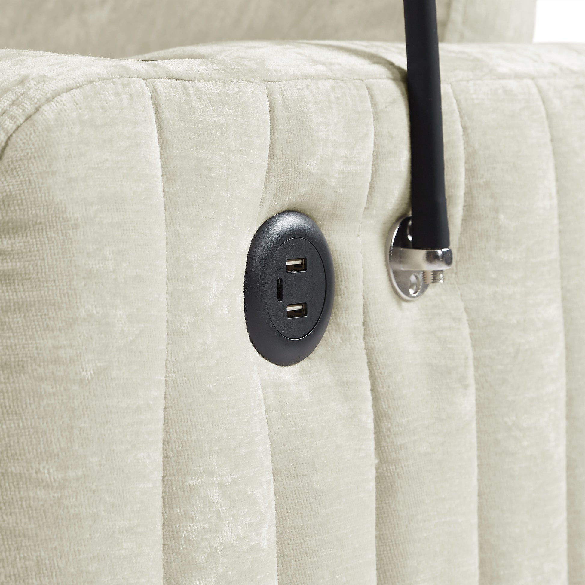Cream velvet sofa with integrated dual USB charging ports