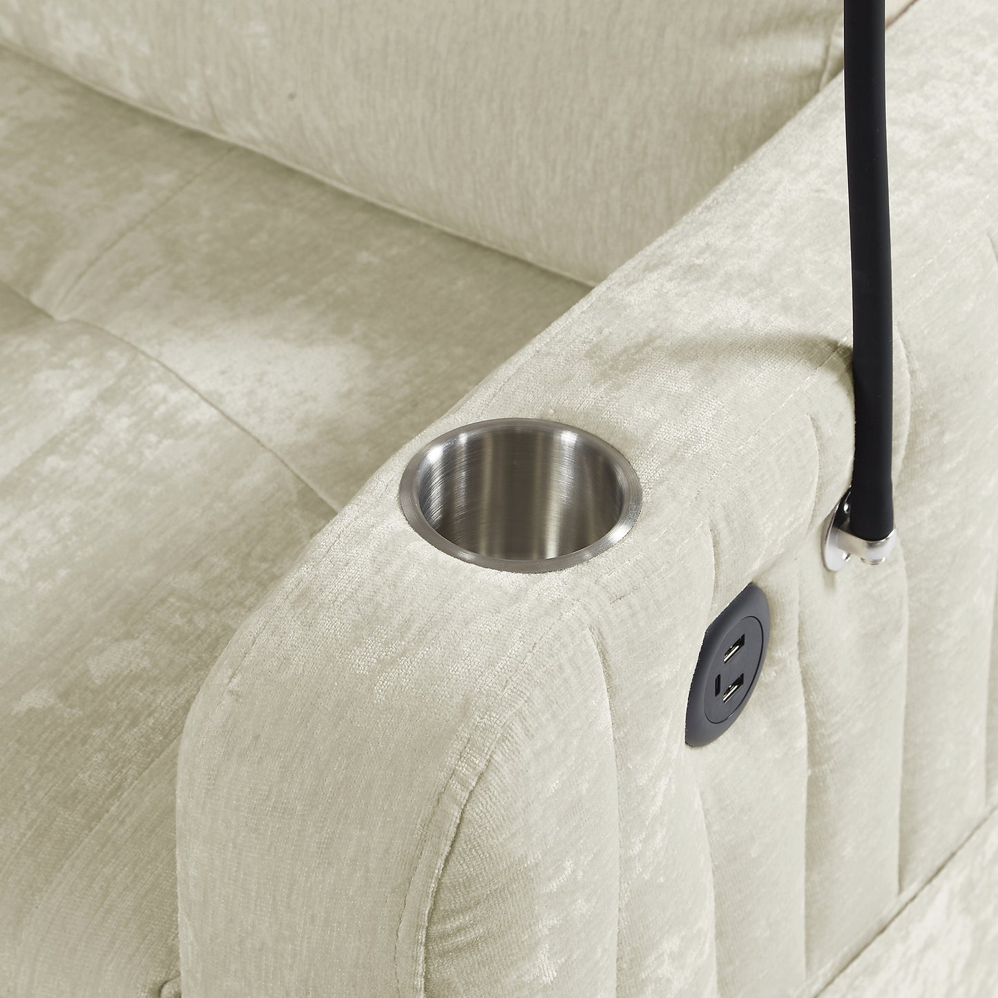 Cream velvet recliner armrest with cup holder and USB ports
