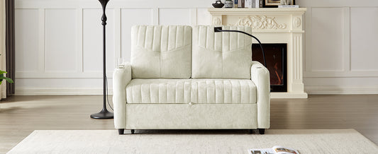Cream velvet loveseat sofa with vertical channel tufting and hidden pullout bed