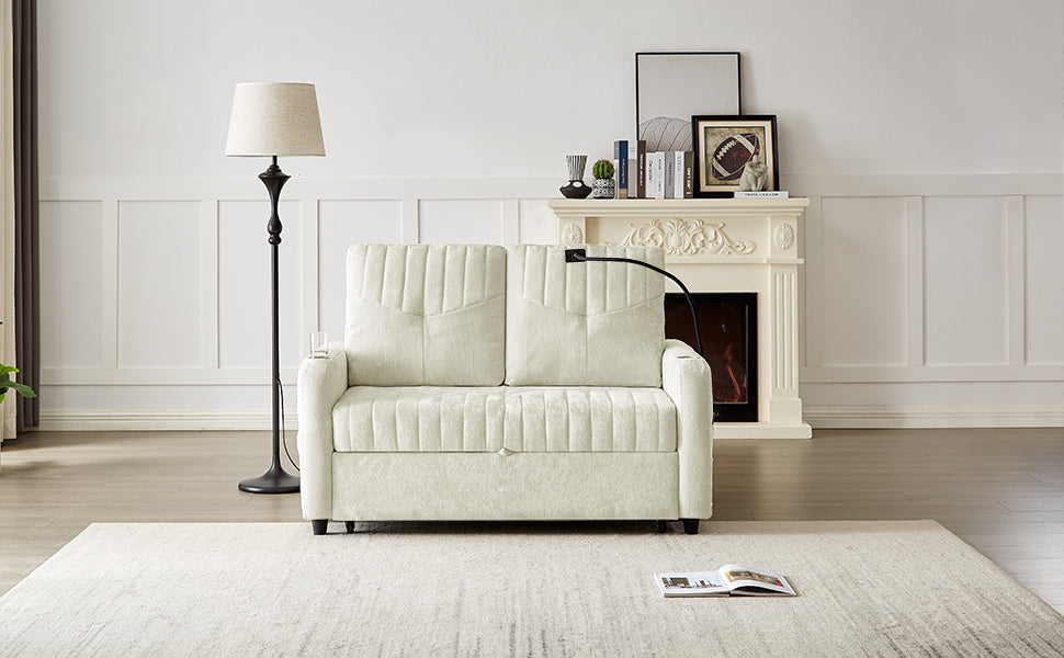 Cream upholstered sleeper sofa with tufted back cushions and storage