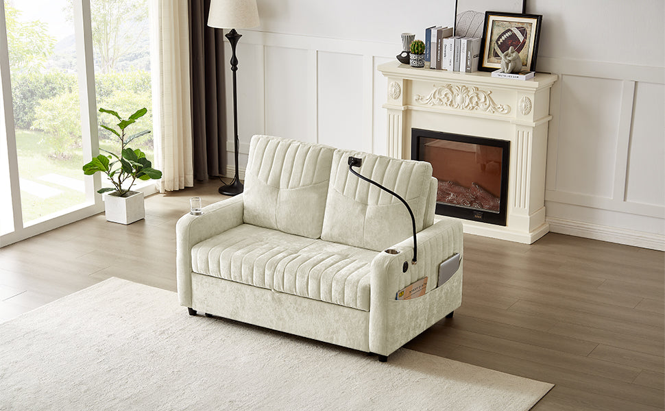 Cream upholstered loveseat with builtin USB charging station and side pocket