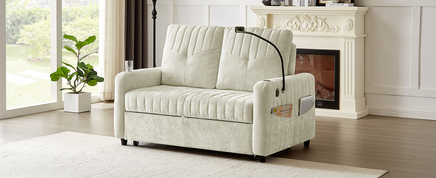 Cream velvet sofa with storage pockets
