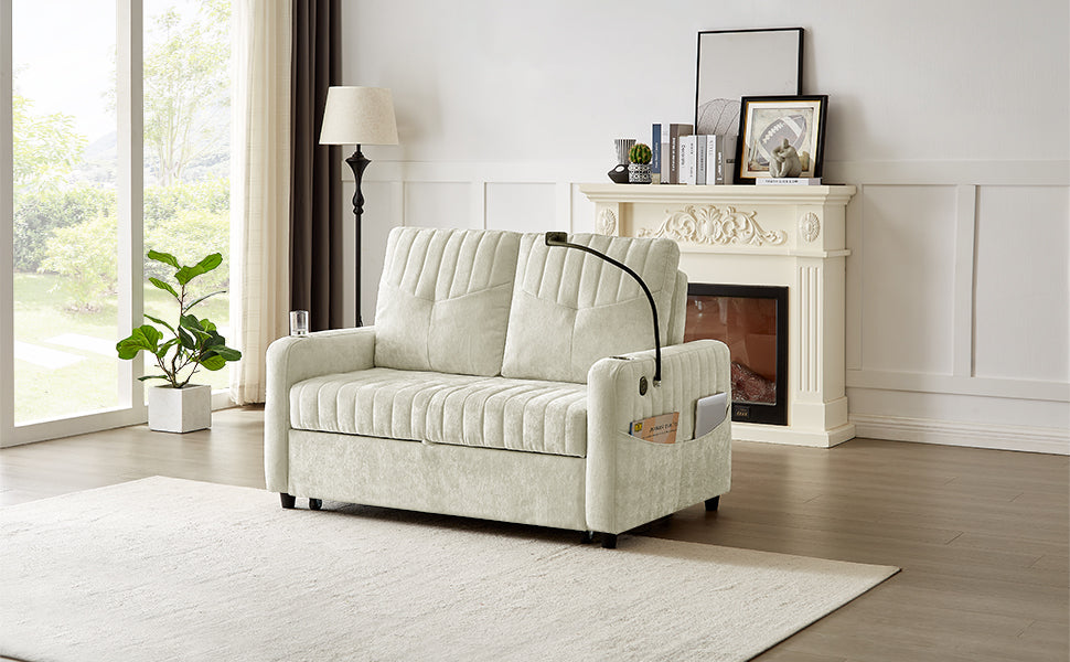 Cream loveseat sofa with adjustable reading light and side storage pockets