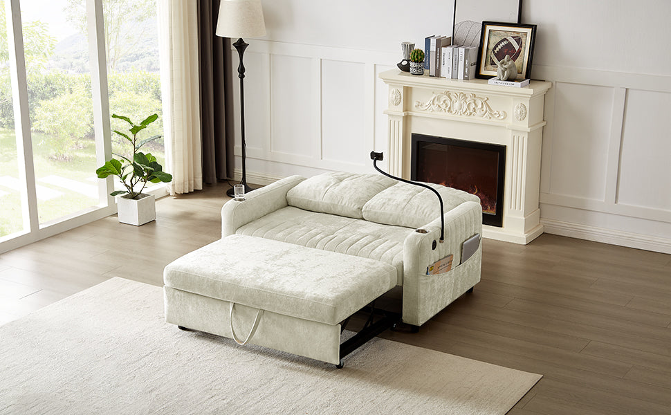 Cream sofa bed with pullout ottoman and storage pockets
