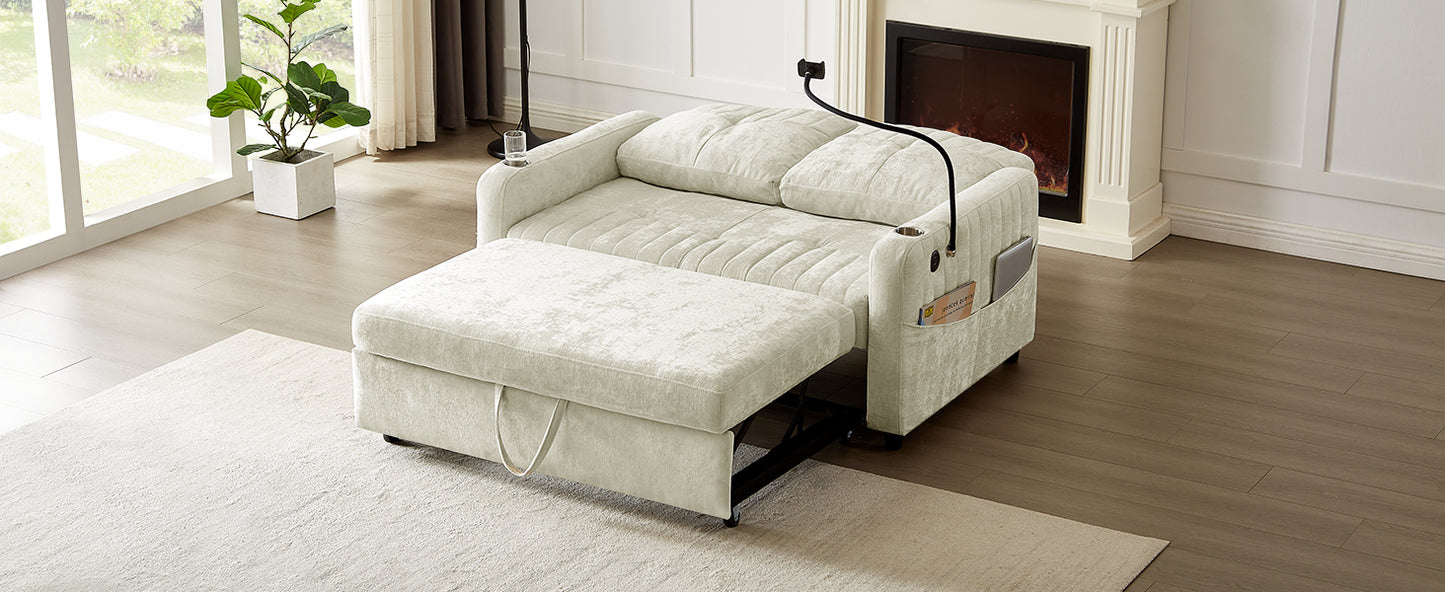 Cream velvet sofa bed with pullout ottoman and integrated phone mount