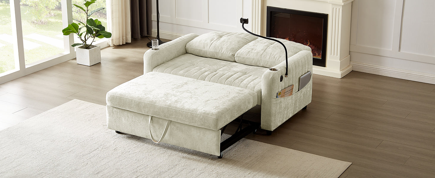 Cream velvet sofa bed with pullout ottoman and integrated phone mount