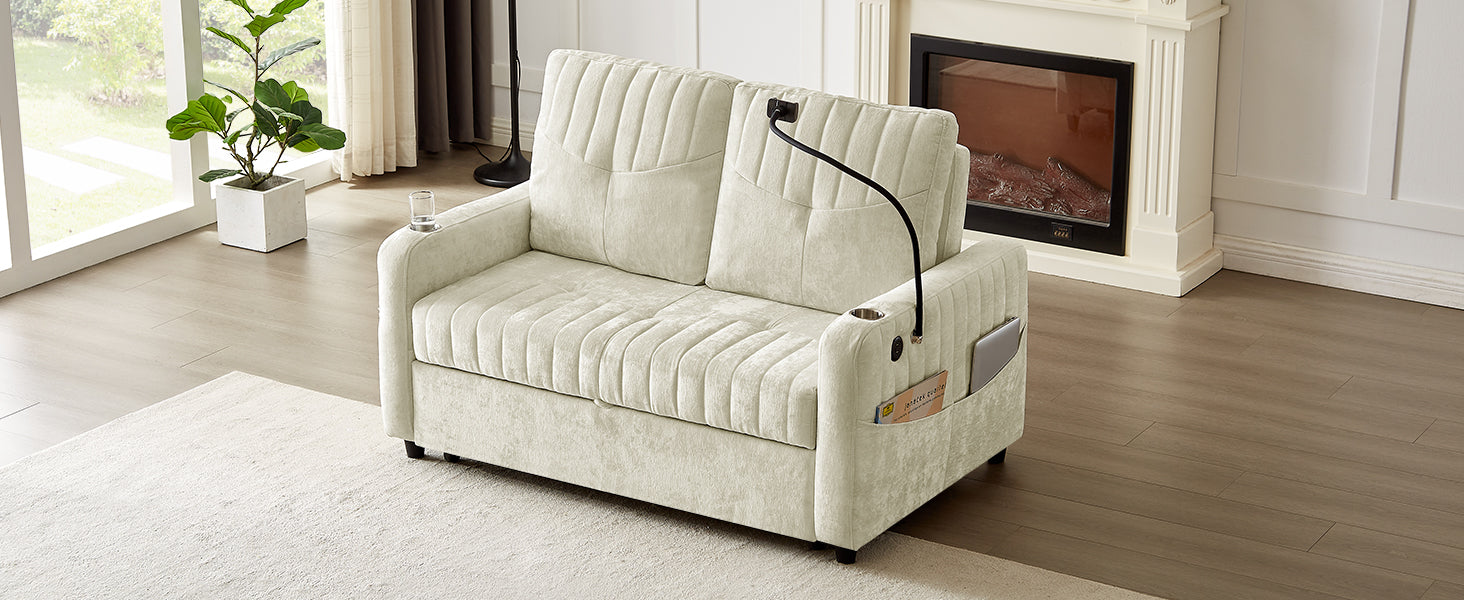 Cream velvet loveseat sofa with builtin reading lamp and cup holder