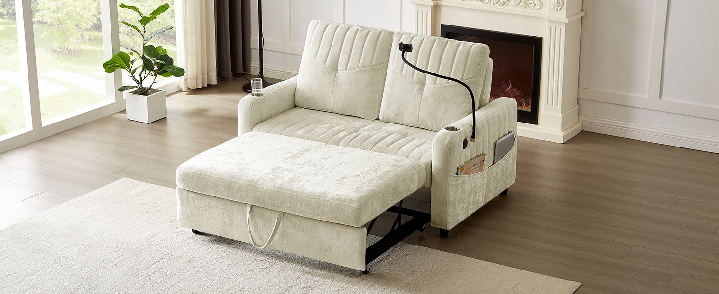 Cream velvet loveseat sofa bed with pullout ottoman and storage pockets