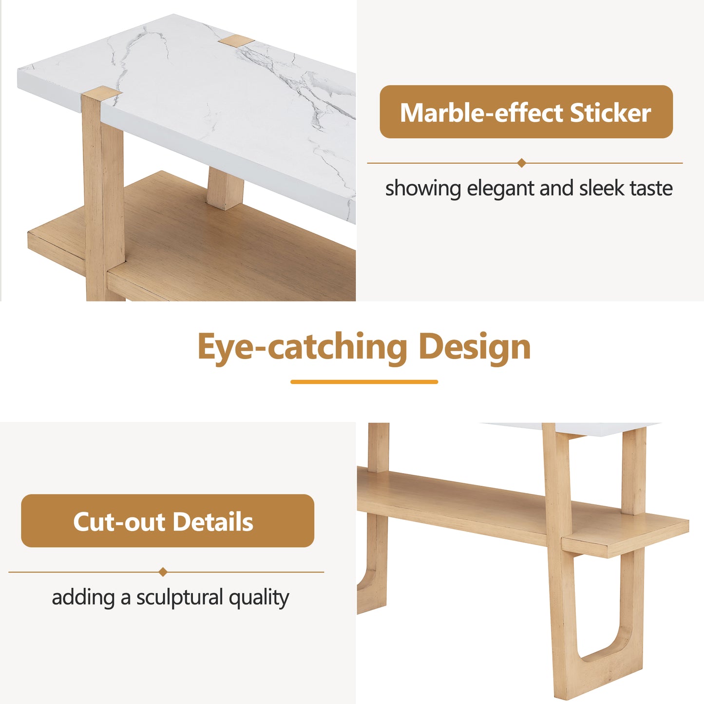 Modern coffee table with white marbleeffect top and wood accents